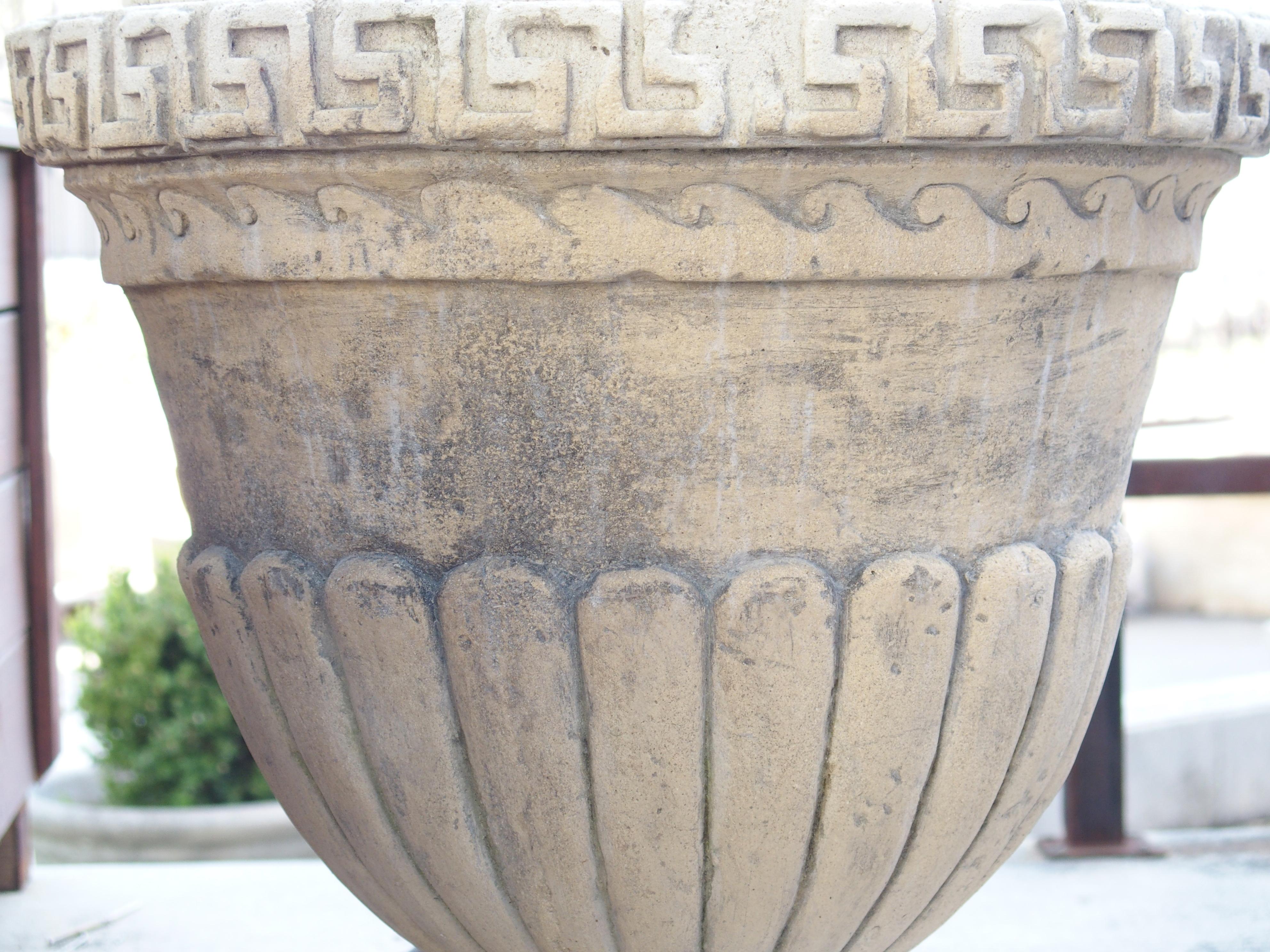 Pair of Lidded Cast Limestone Greek Key Urns from Southern Italy For Sale 3