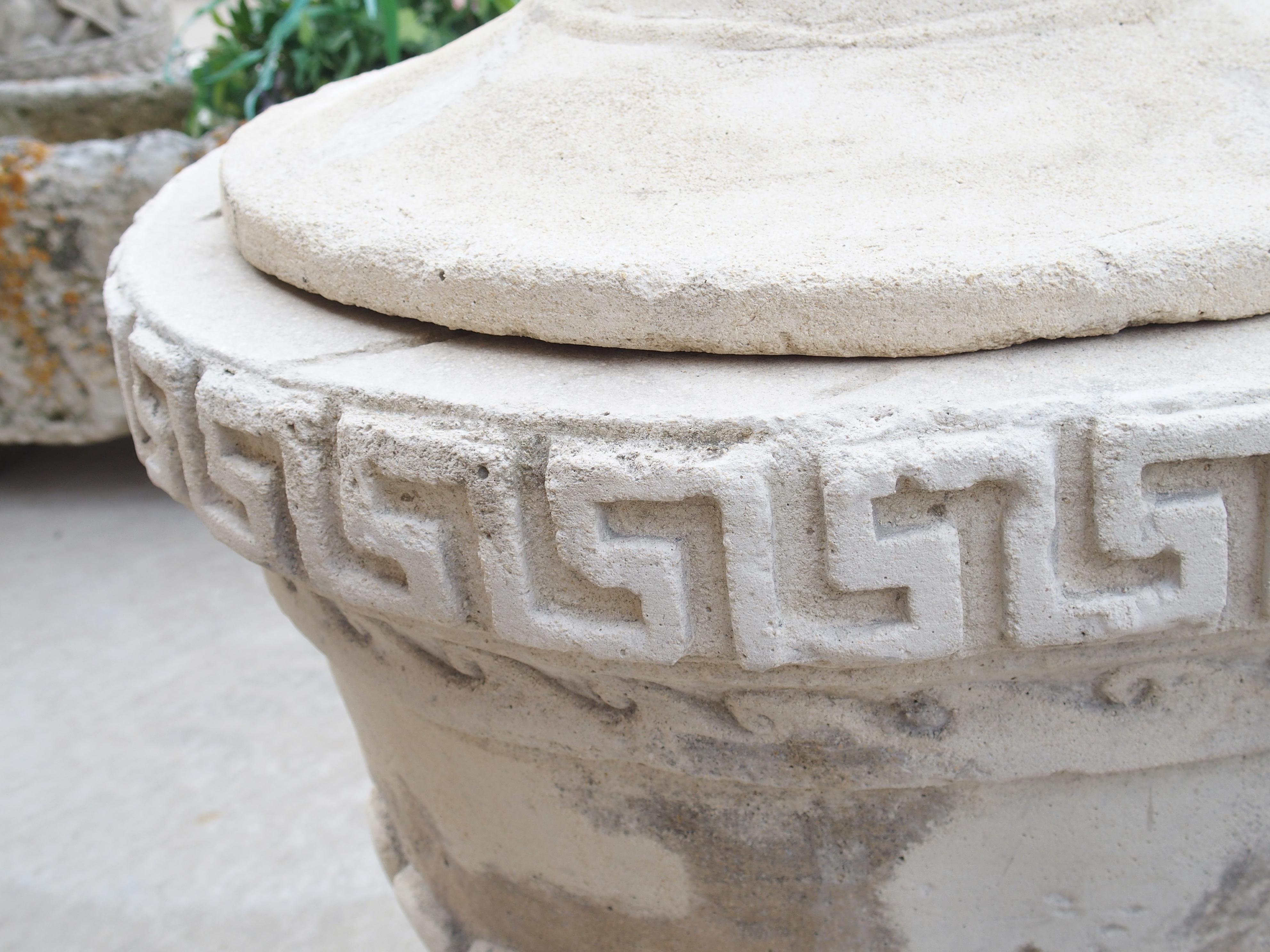 Pair of Lidded Cast Limestone Greek Key Urns from Southern Italy 3