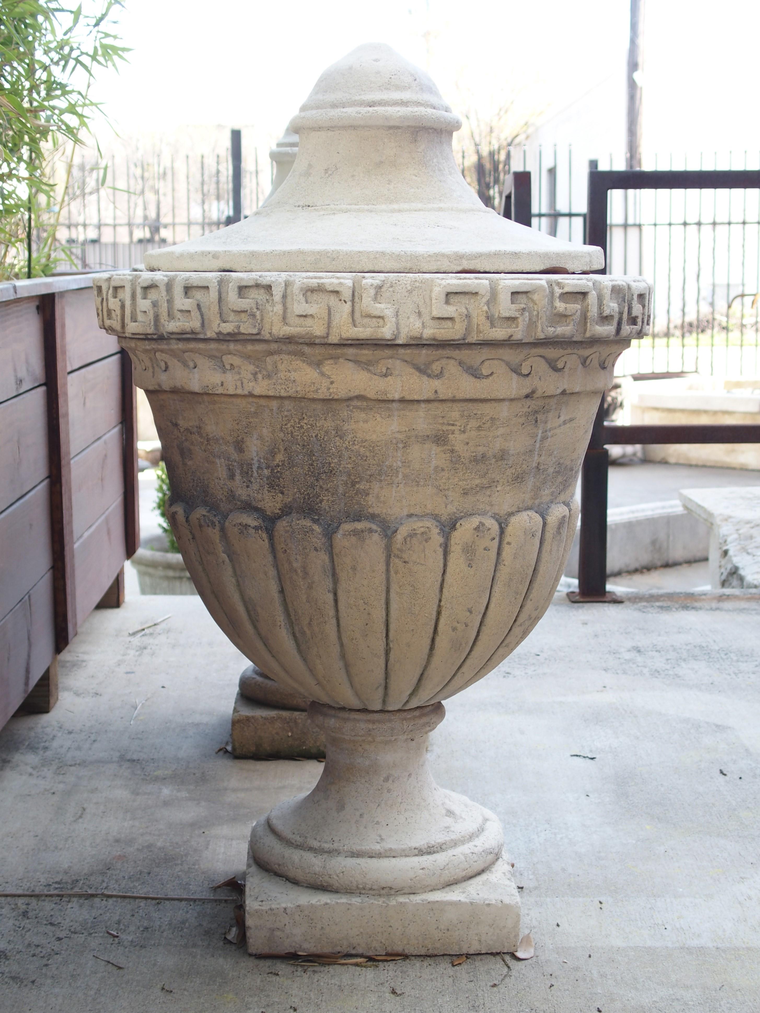 Pair of Lidded Cast Limestone Greek Key Urns from Southern Italy For Sale 4