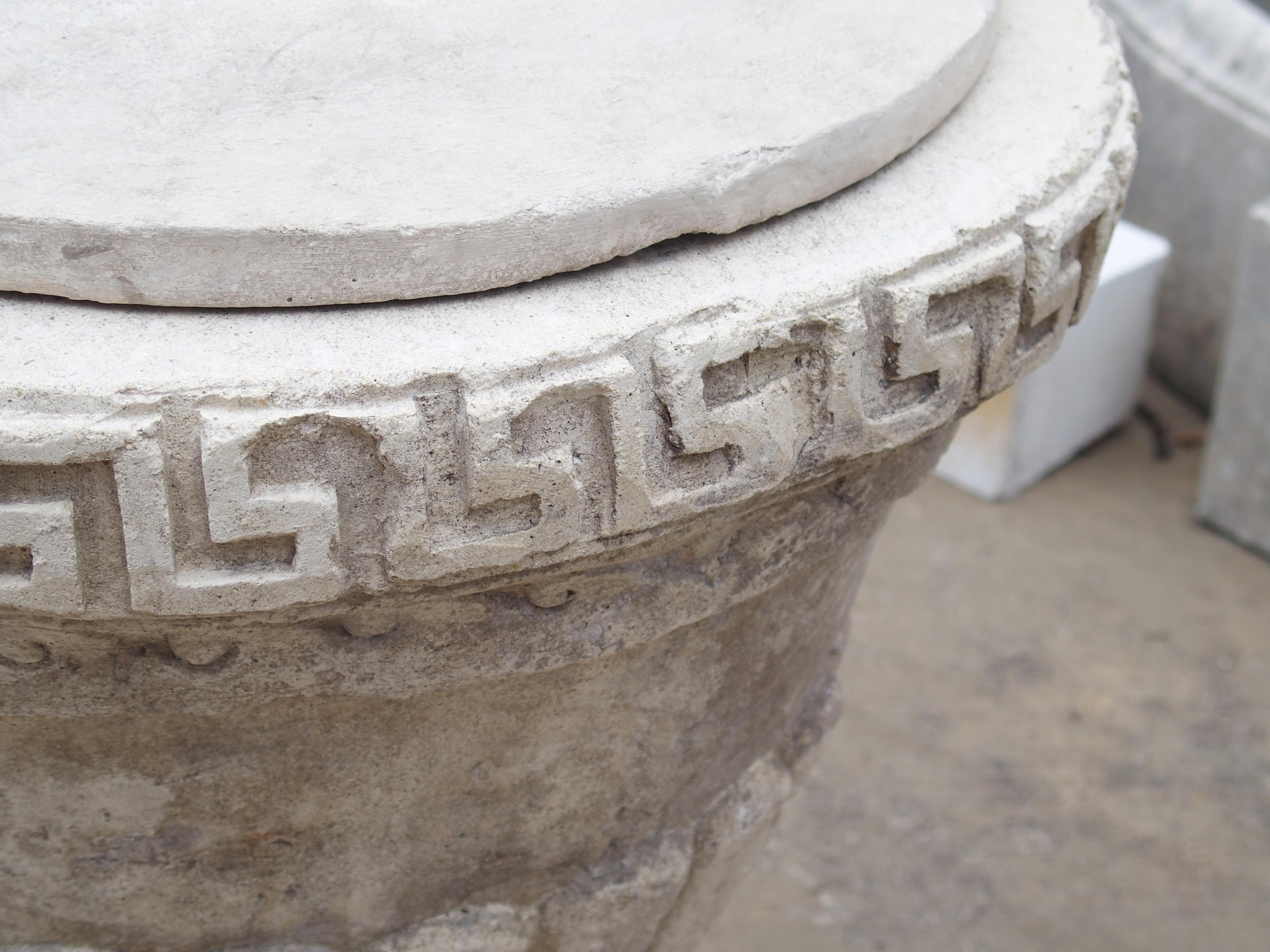 Pair of Lidded Cast Limestone Greek Key Urns from Southern Italy 5