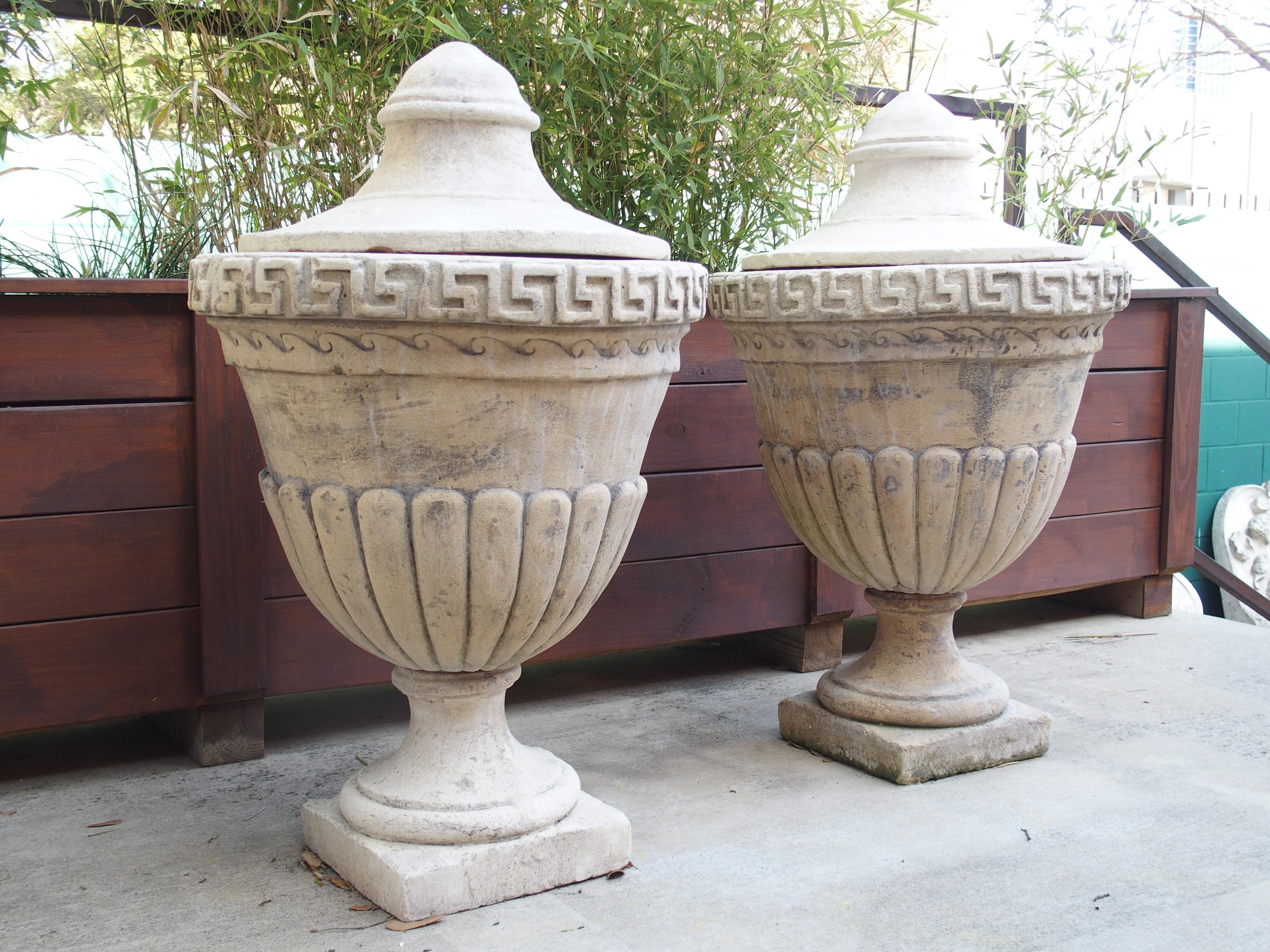 Pair of Lidded Cast Limestone Greek Key Urns from Southern Italy For Sale 5