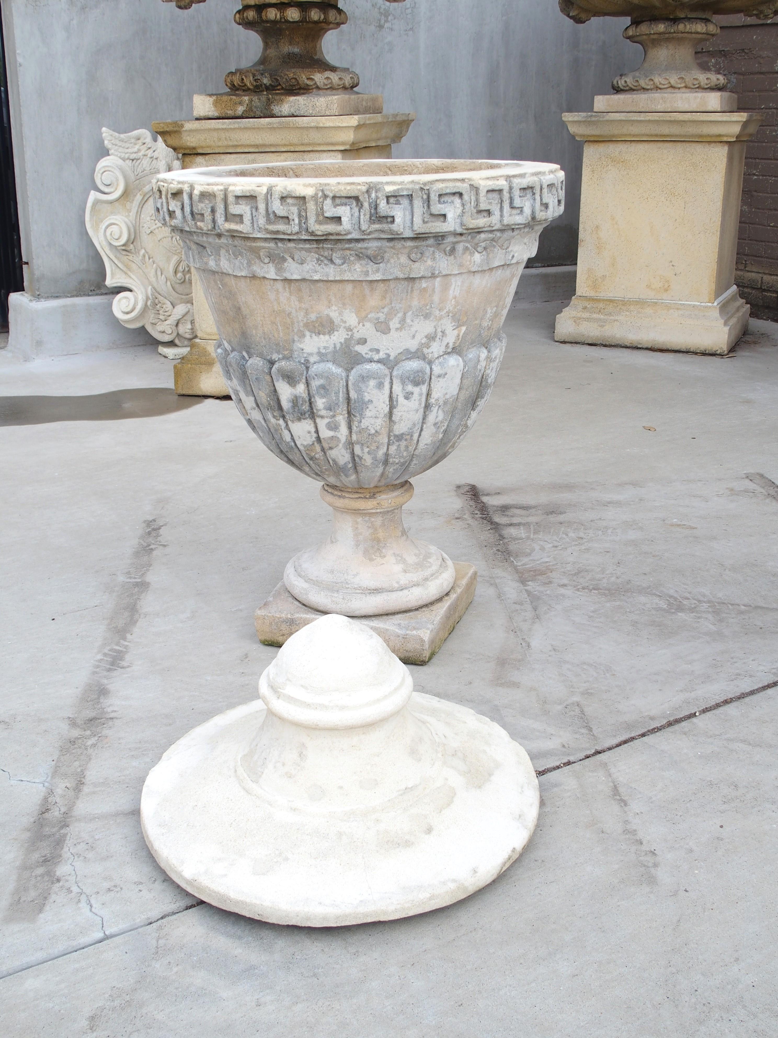 Pair of Lidded Cast Limestone Greek Key Urns from Southern Italy For Sale 5