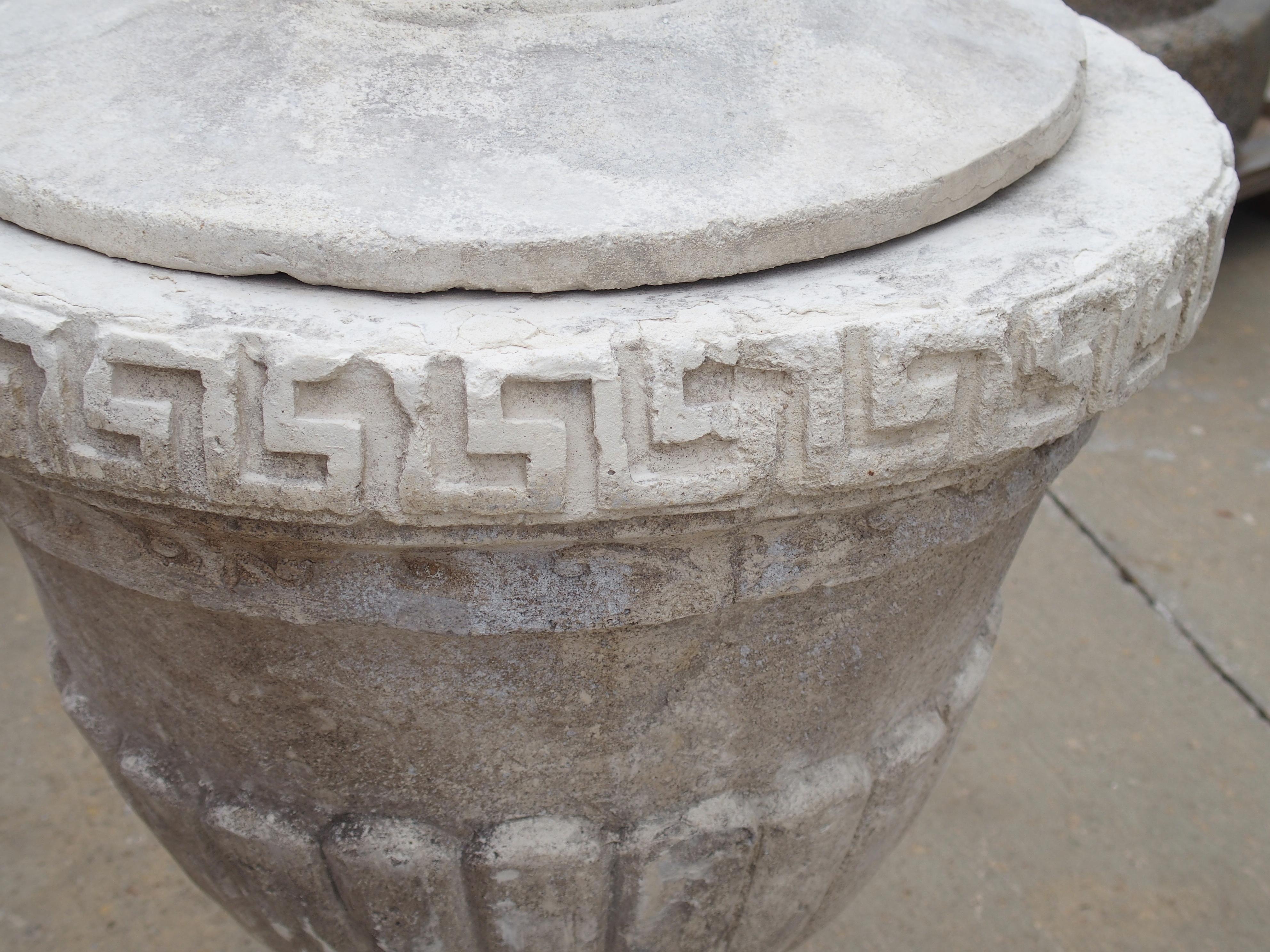 Pair of Lidded Cast Limestone Greek Key Urns from Southern Italy 6