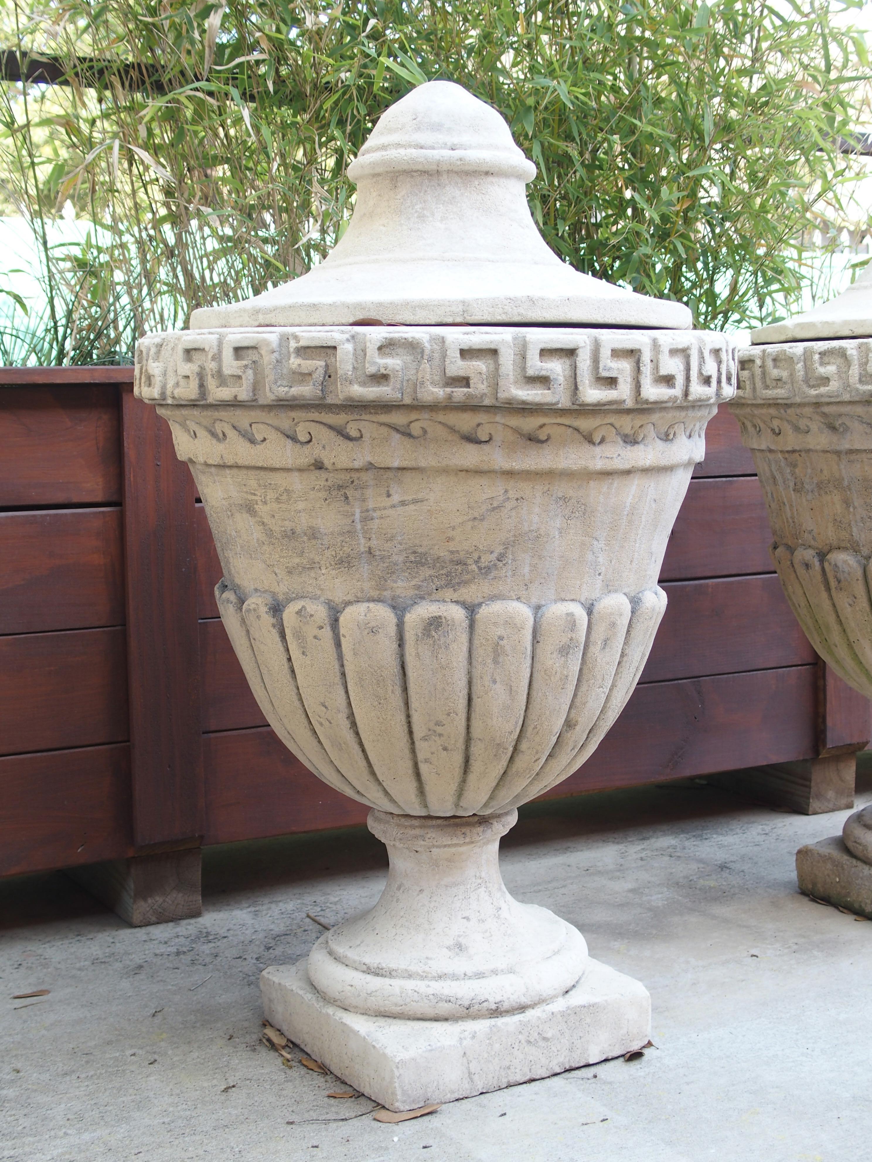 Pair of Lidded Cast Limestone Greek Key Urns from Southern Italy 6