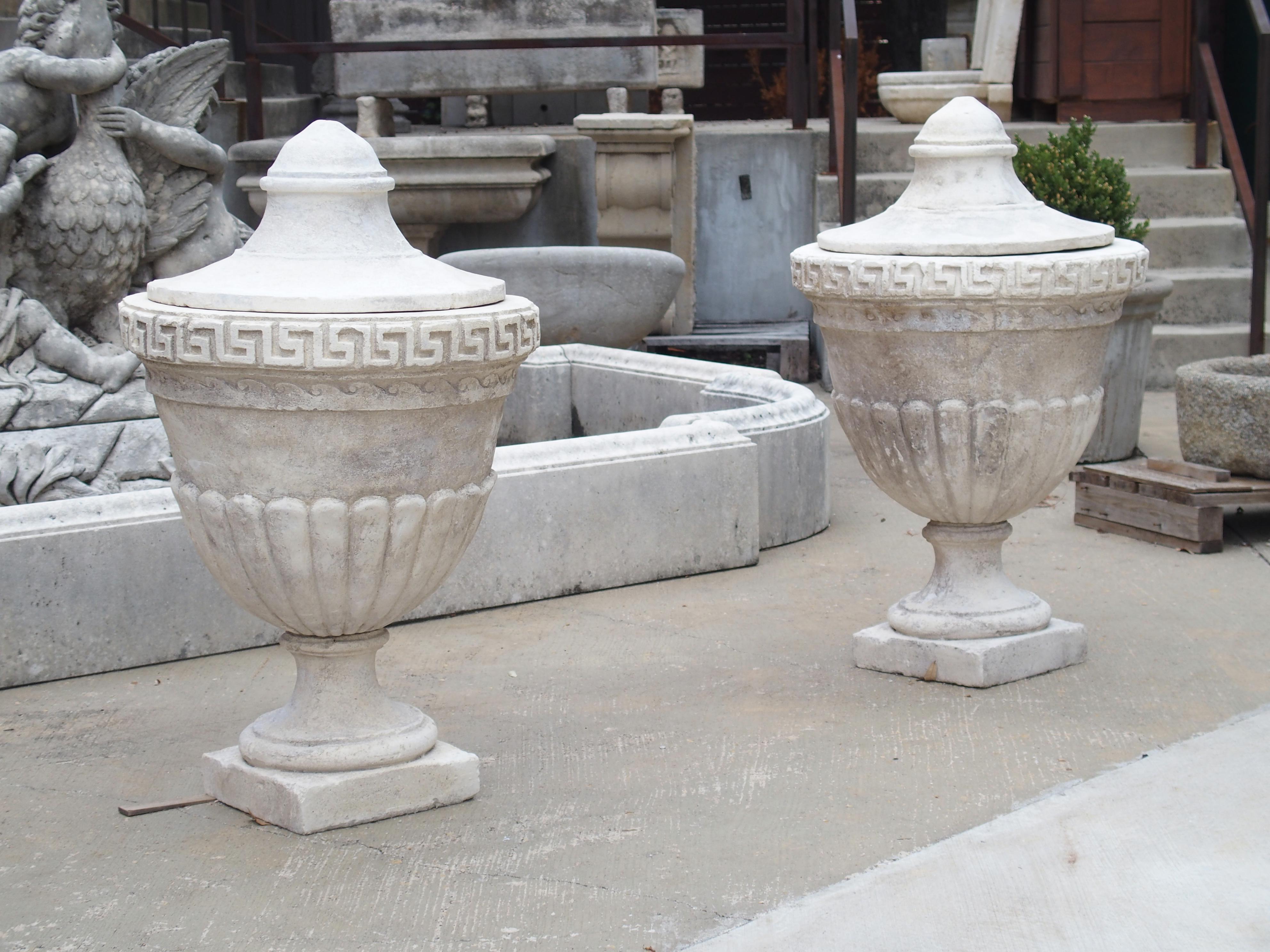 Pair of Lidded Cast Limestone Greek Key Urns from Southern Italy 7