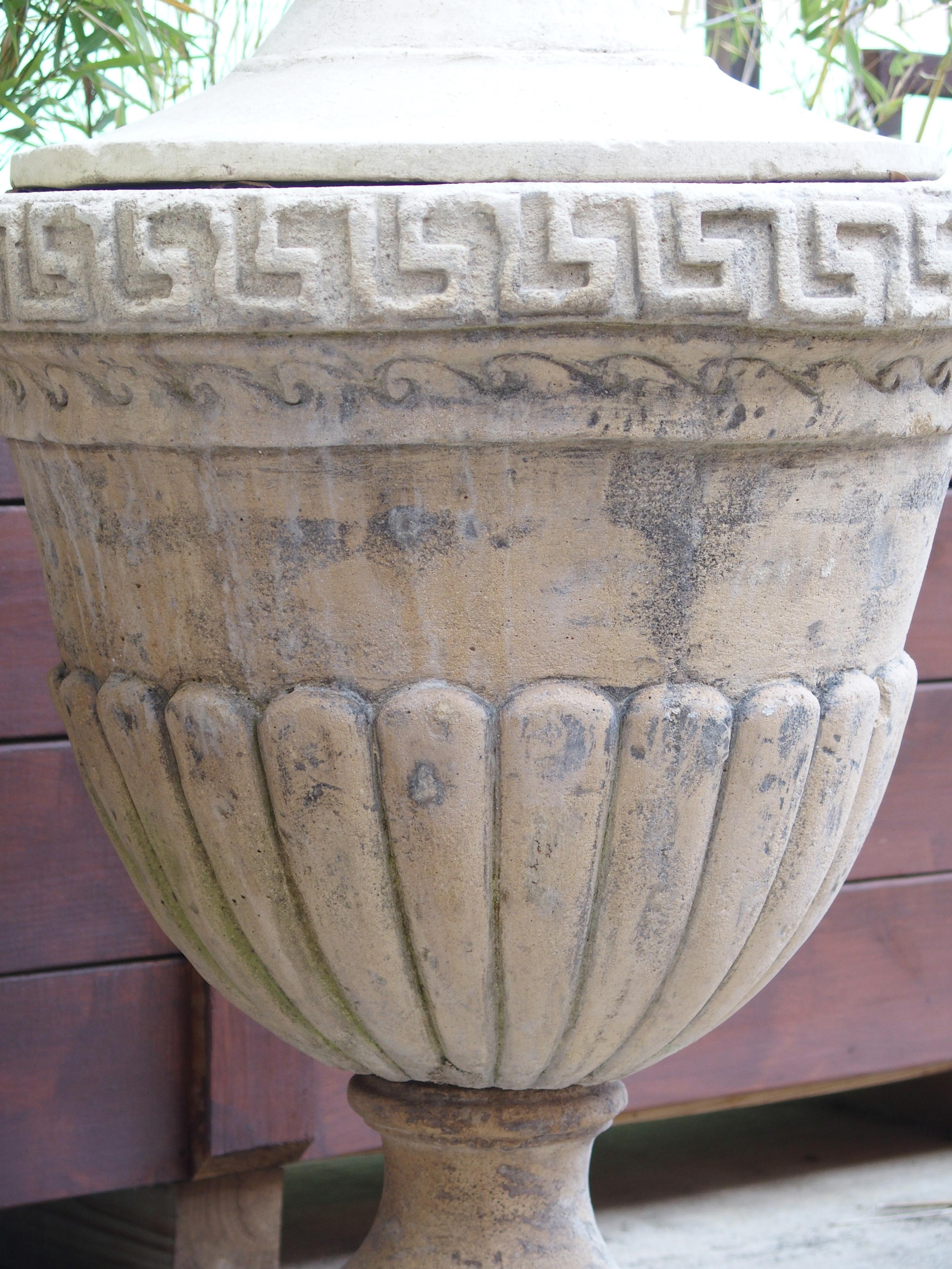 Pair of Lidded Cast Limestone Greek Key Urns from Southern Italy For Sale 7