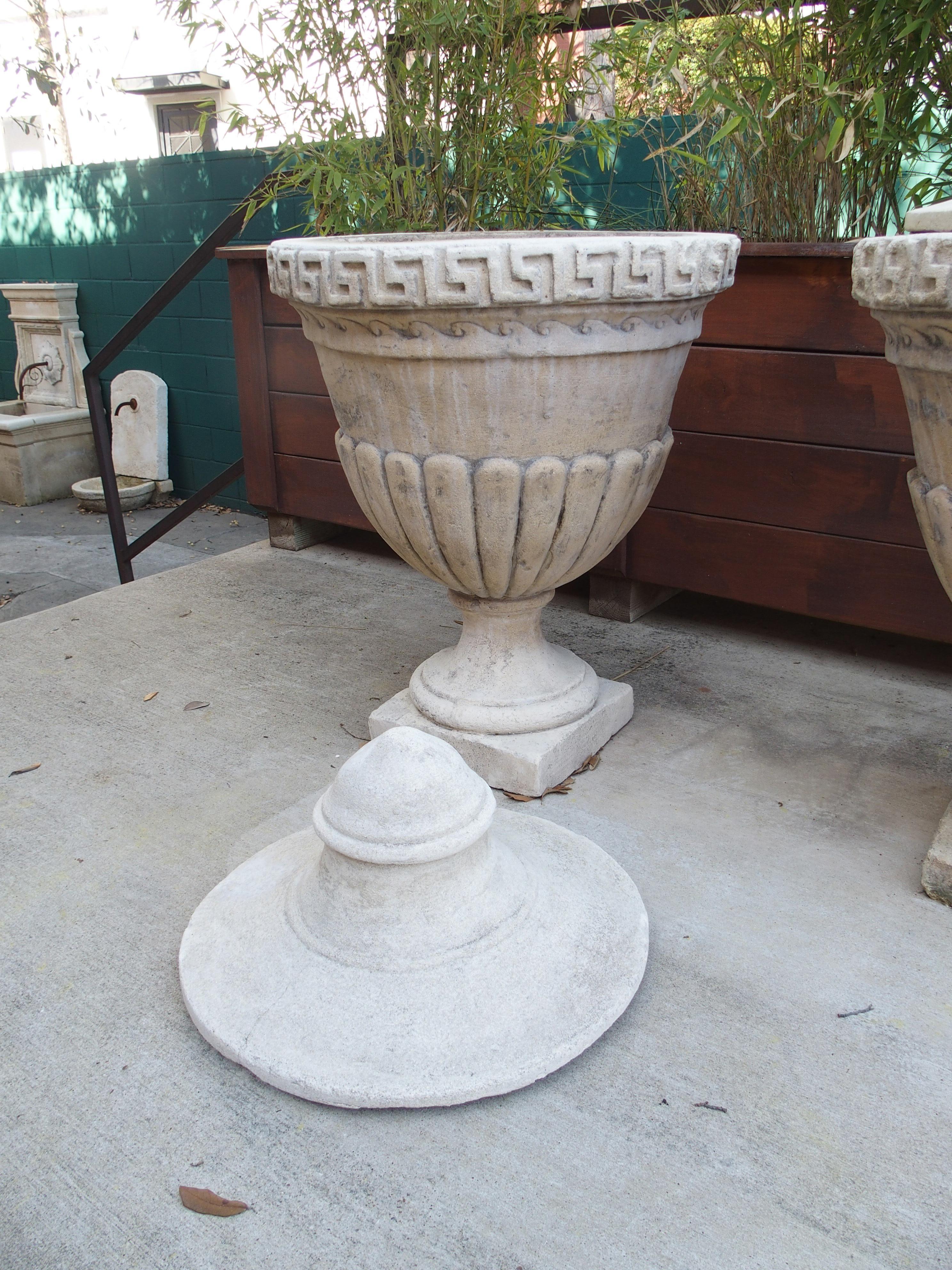 Pair of Lidded Cast Limestone Greek Key Urns from Southern Italy For Sale 8