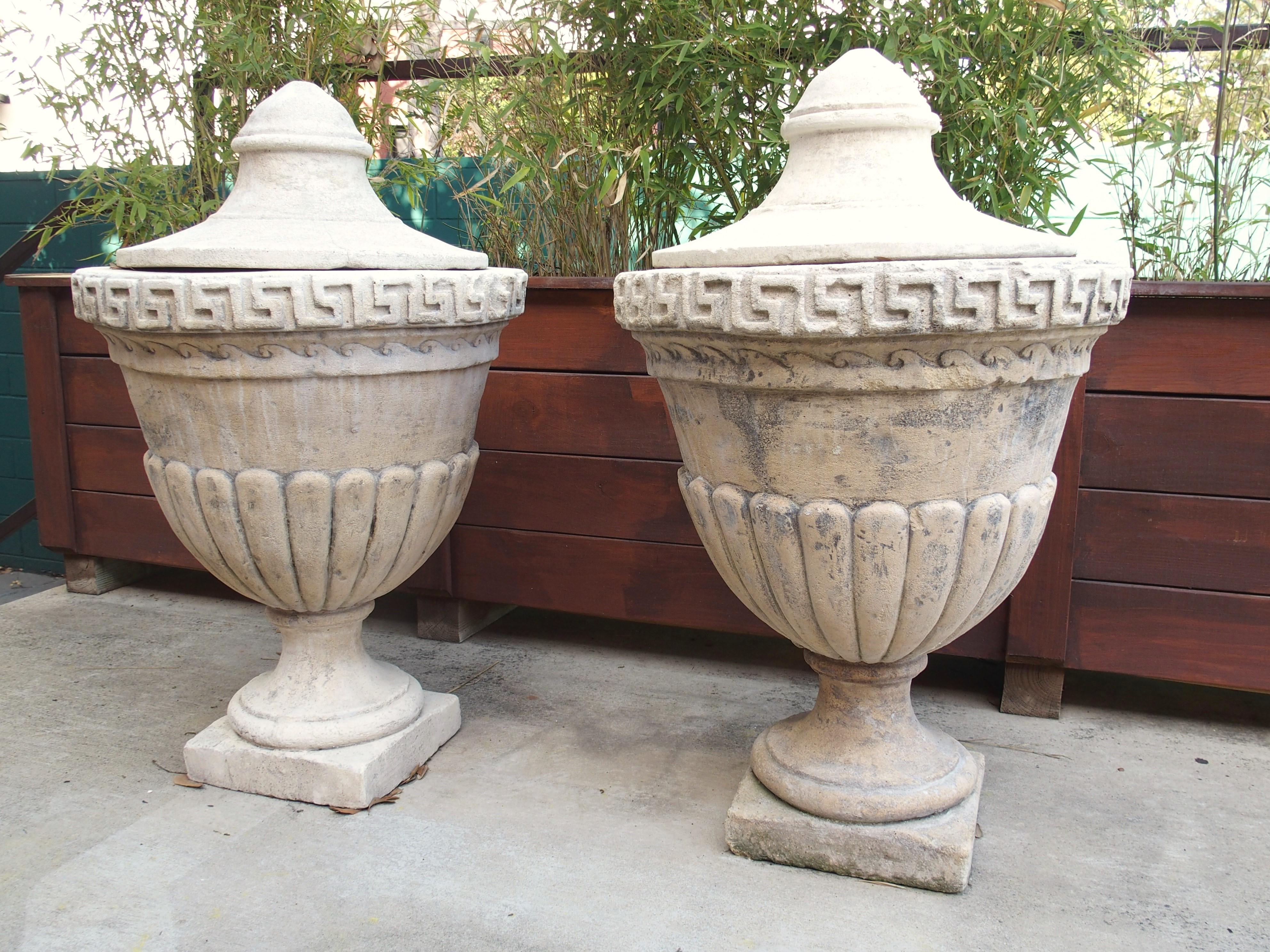 Pair of Lidded Cast Limestone Greek Key Urns from Southern Italy For Sale 9