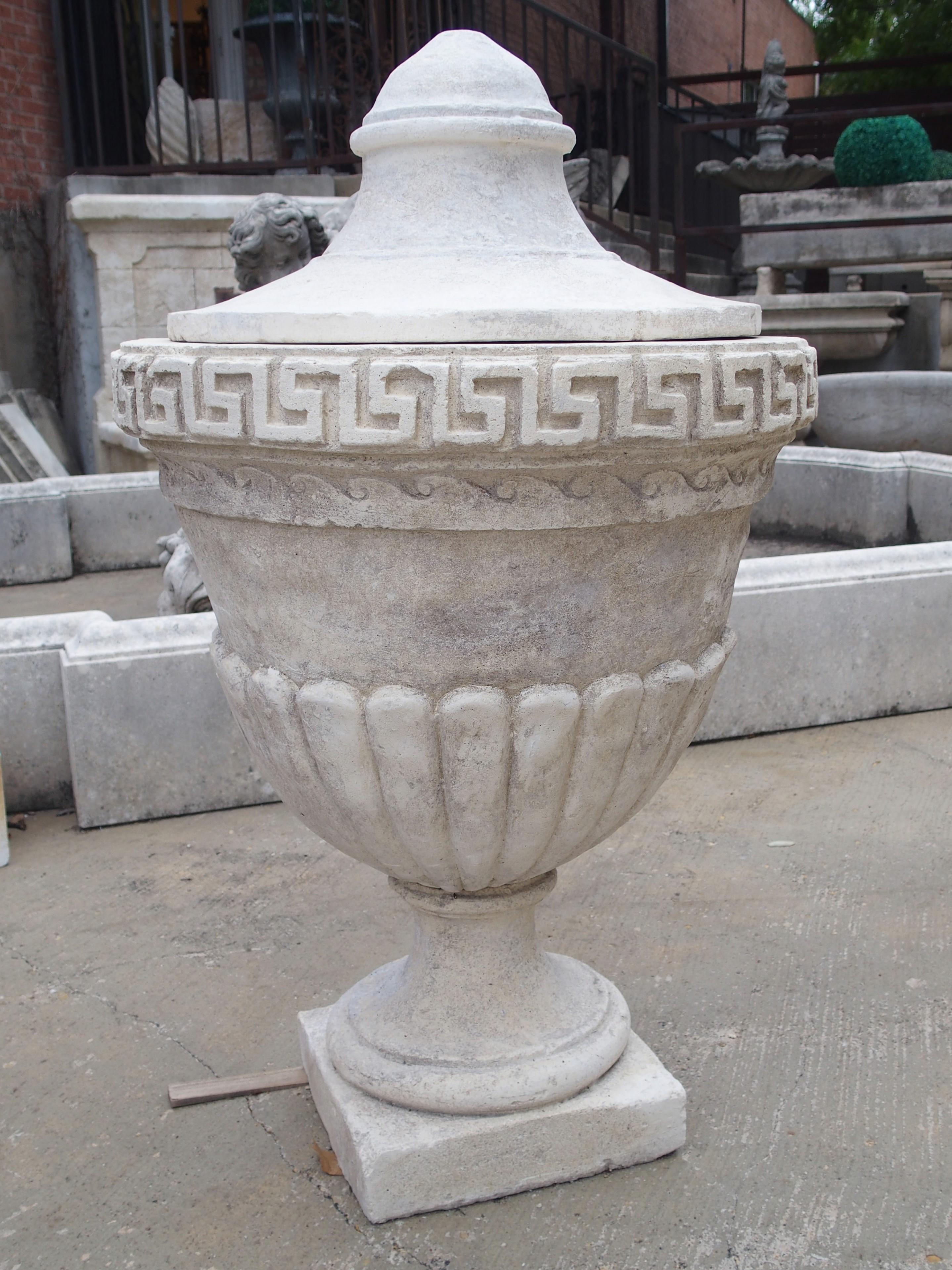 Pair of Lidded Cast Limestone Greek Key Urns from Southern Italy In Good Condition In Dallas, TX