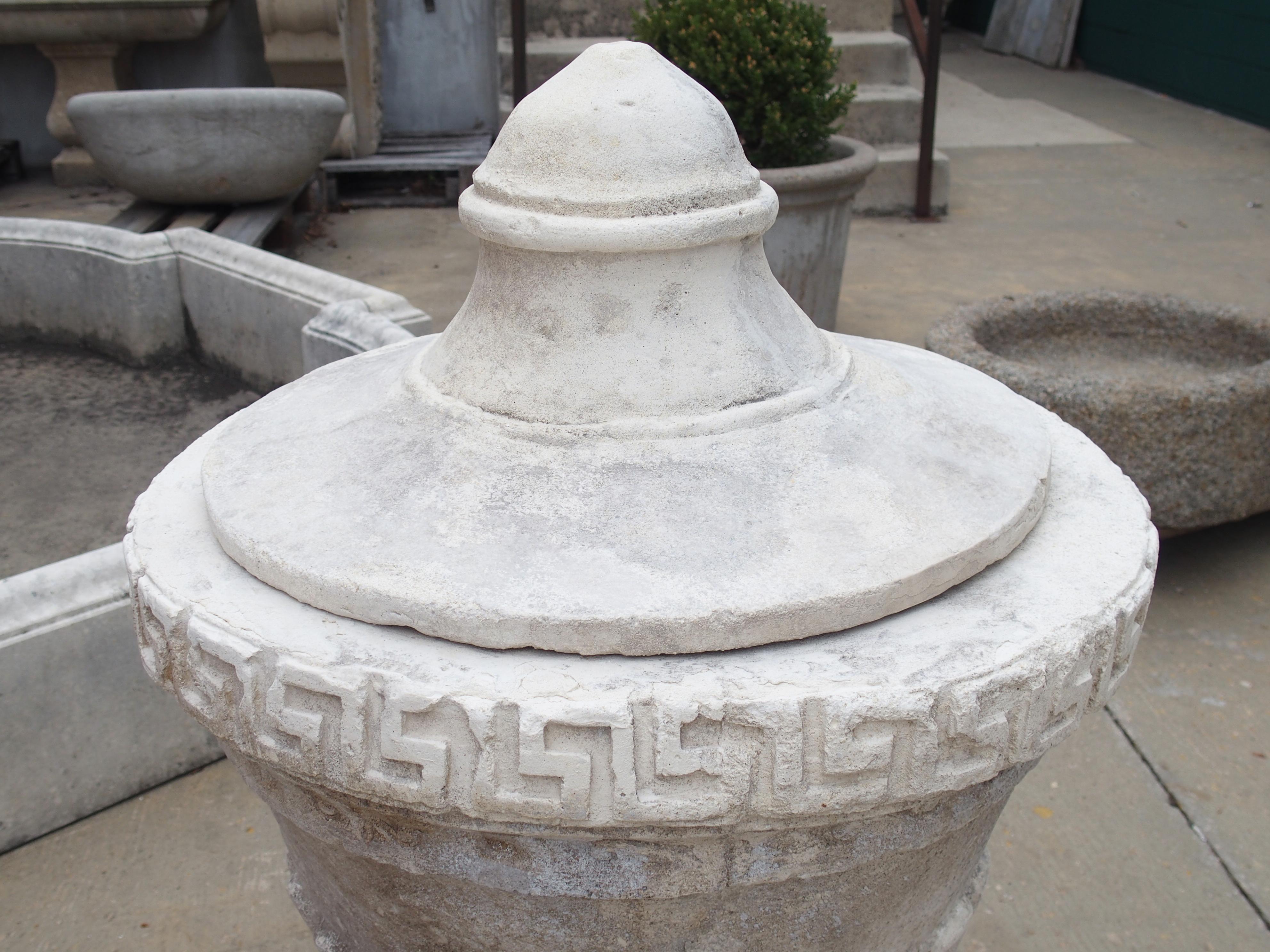 Pair of Lidded Cast Limestone Greek Key Urns from Southern Italy 1