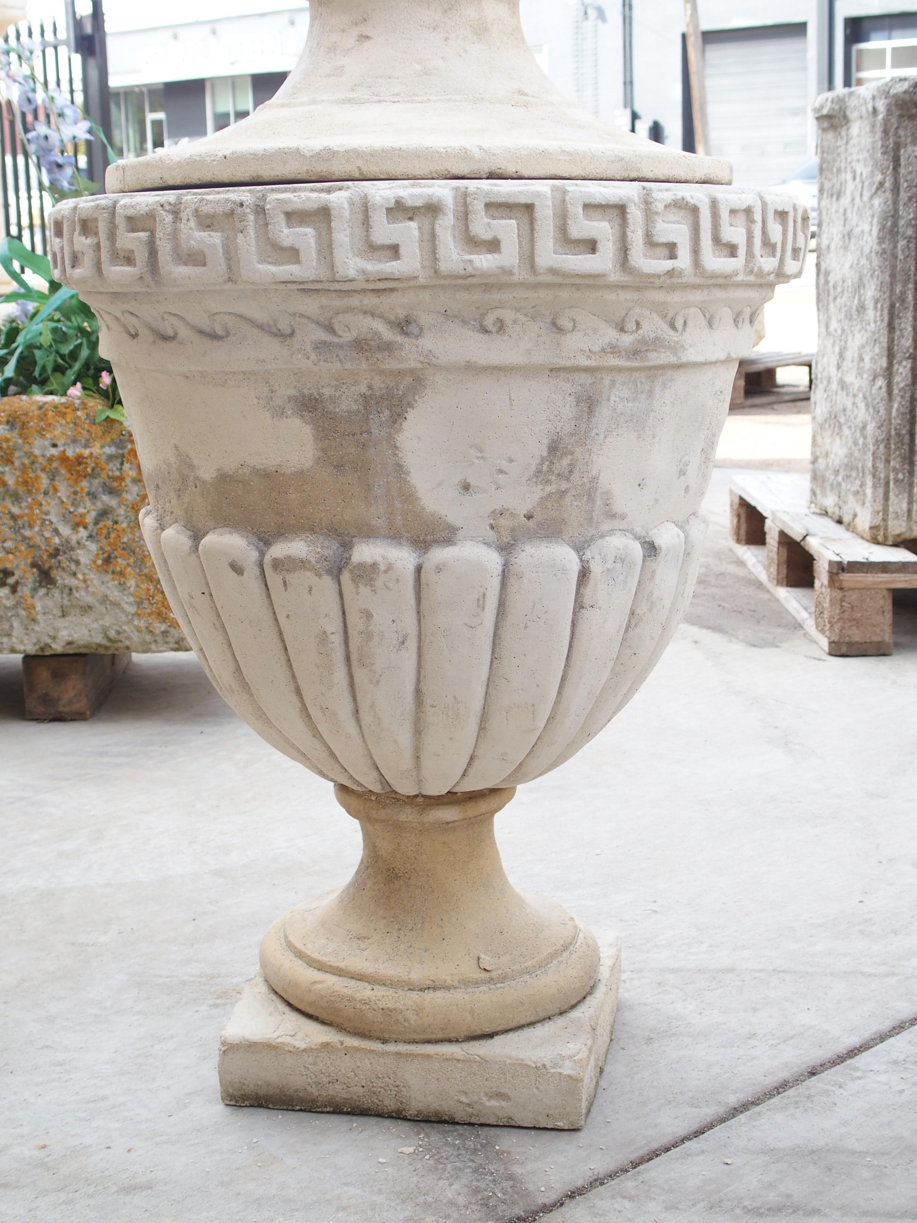 Pair of Lidded Cast Limestone Greek Key Urns from Southern Italy 1