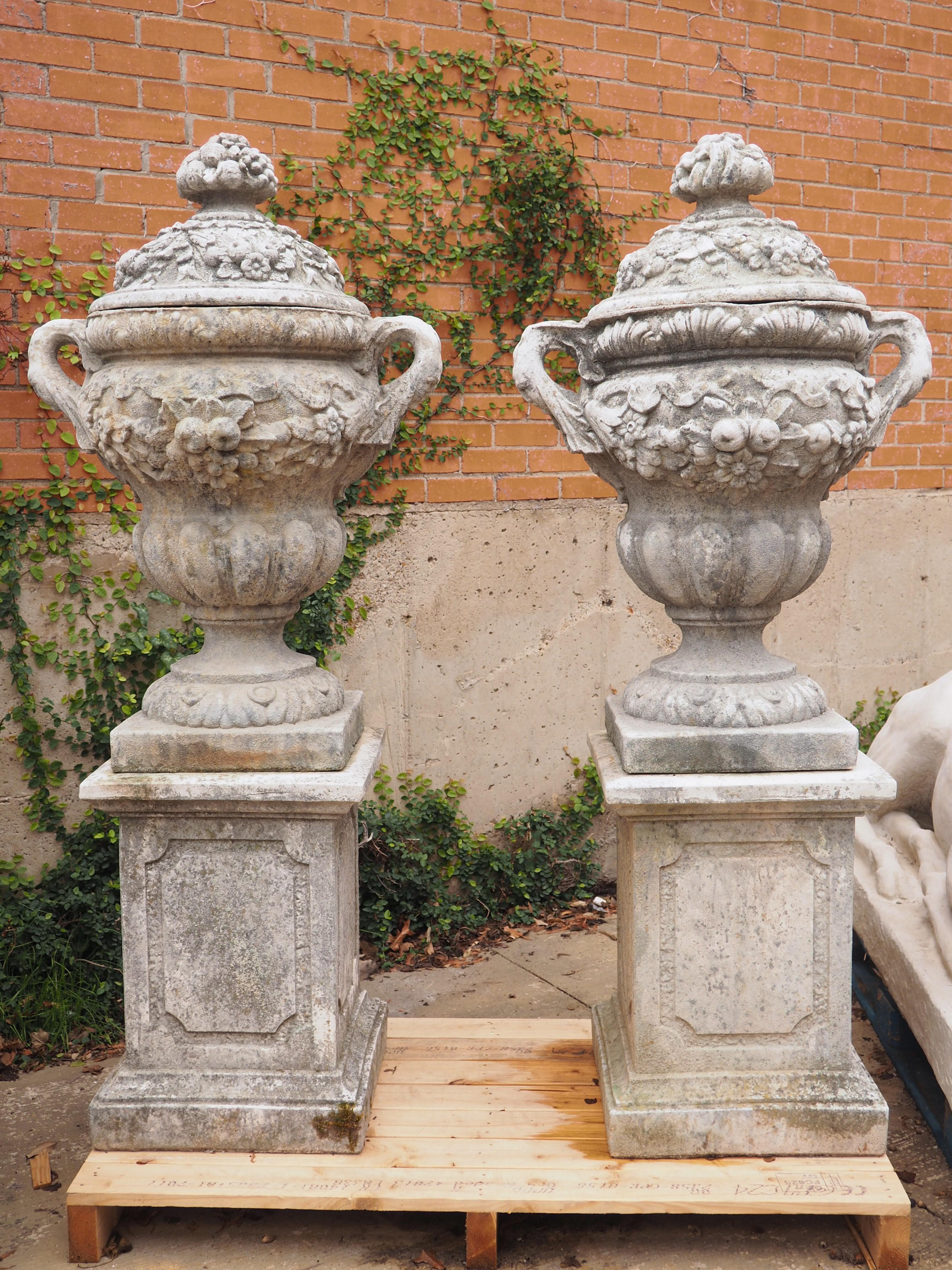Pair of Lidded Garden Vases on Pedestals from Normandy, France 11