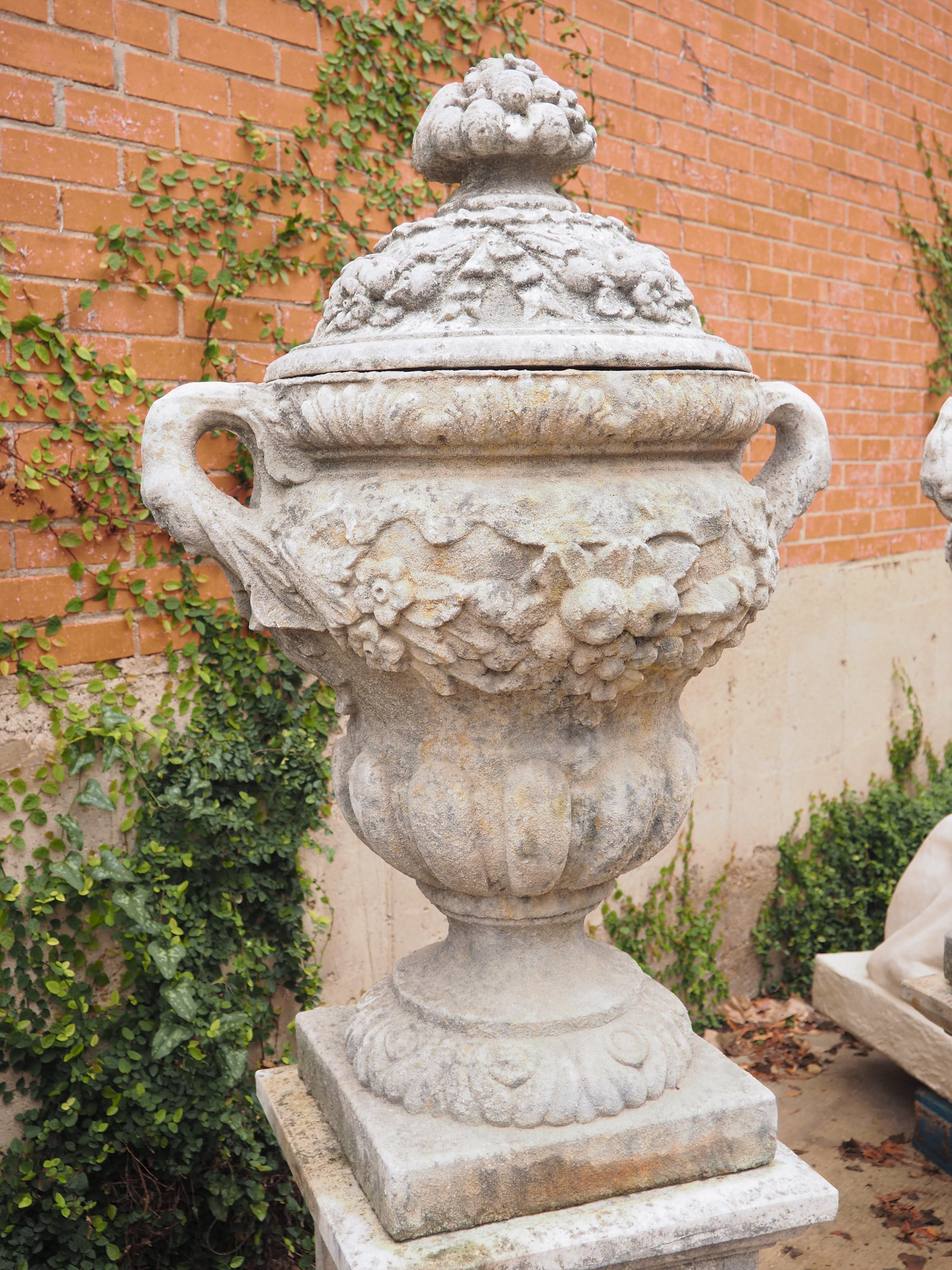 French Pair of Lidded Garden Vases on Pedestals from Normandy, France