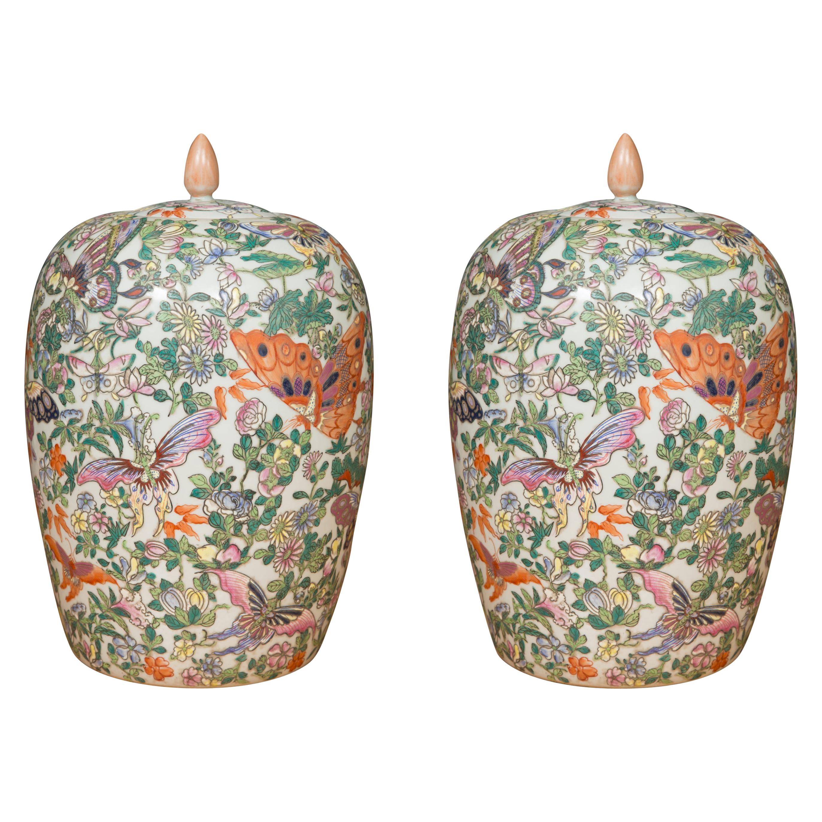 Pair of Lidded Melon Shaped Chinese Export Butterfly Pattern Jars