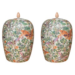 Pair of Lidded Melon Shaped Chinese Export Butterfly Pattern Jars