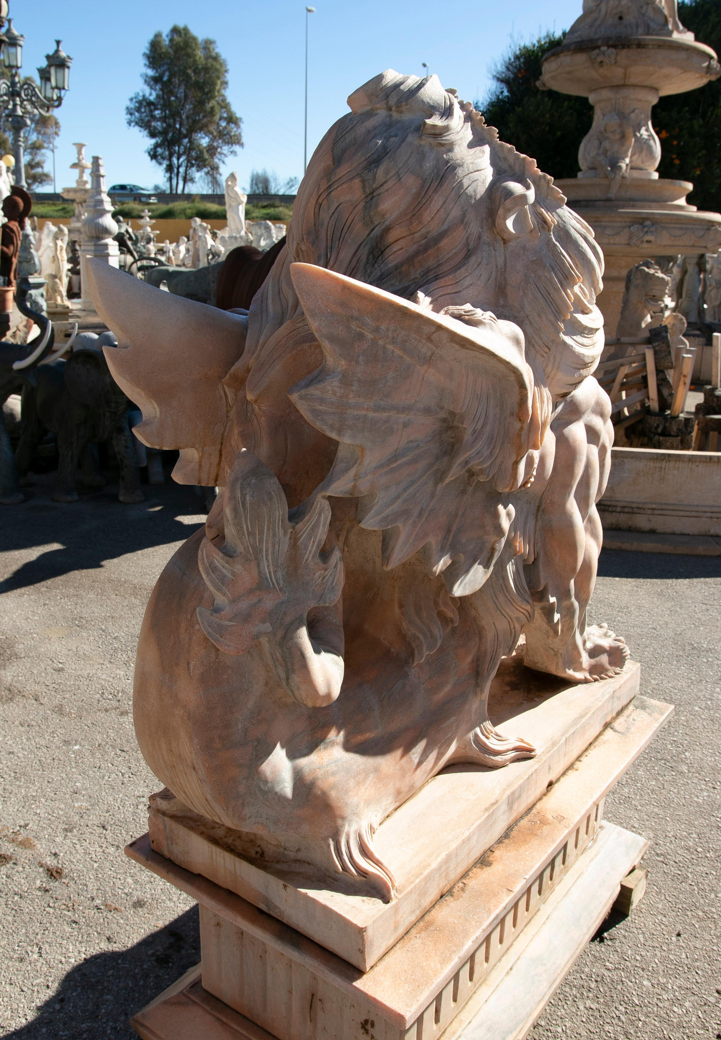 Pair of Life-Size 1990s Hand-Carved Rosetta Pink Marble Winged Lions w/ Bases 2