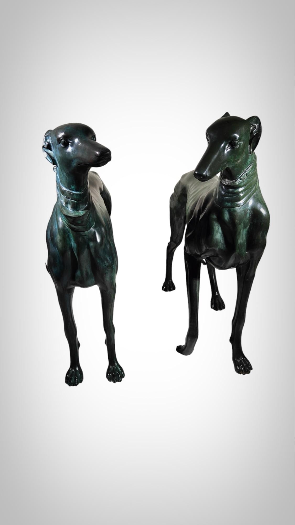 Pair of life-size bronze greyhound dogs
Great pair of bronze greyhound dogs with green patina. 40's. Excellent condition. Very decorative.