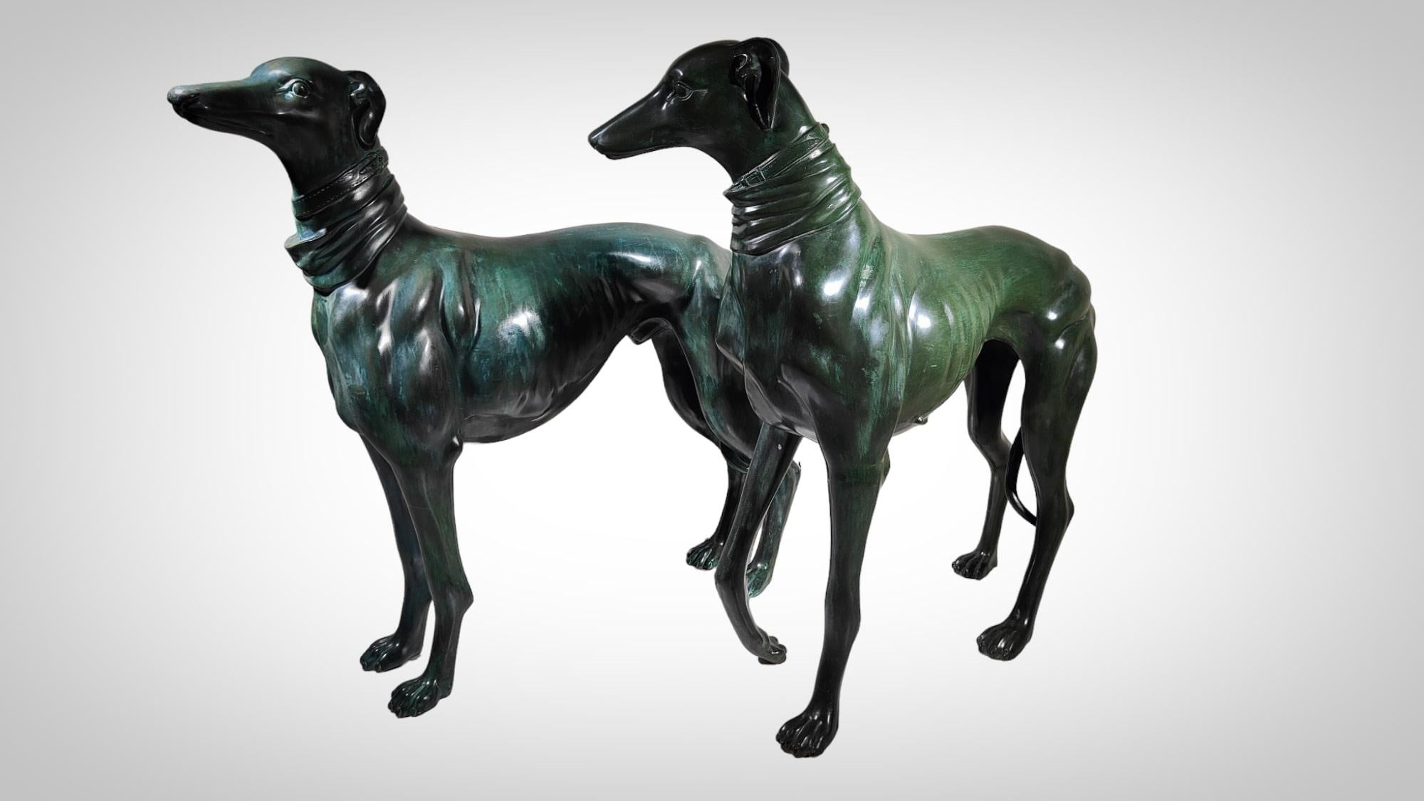 20th Century Pair of life-size bronze greyhound dogs For Sale