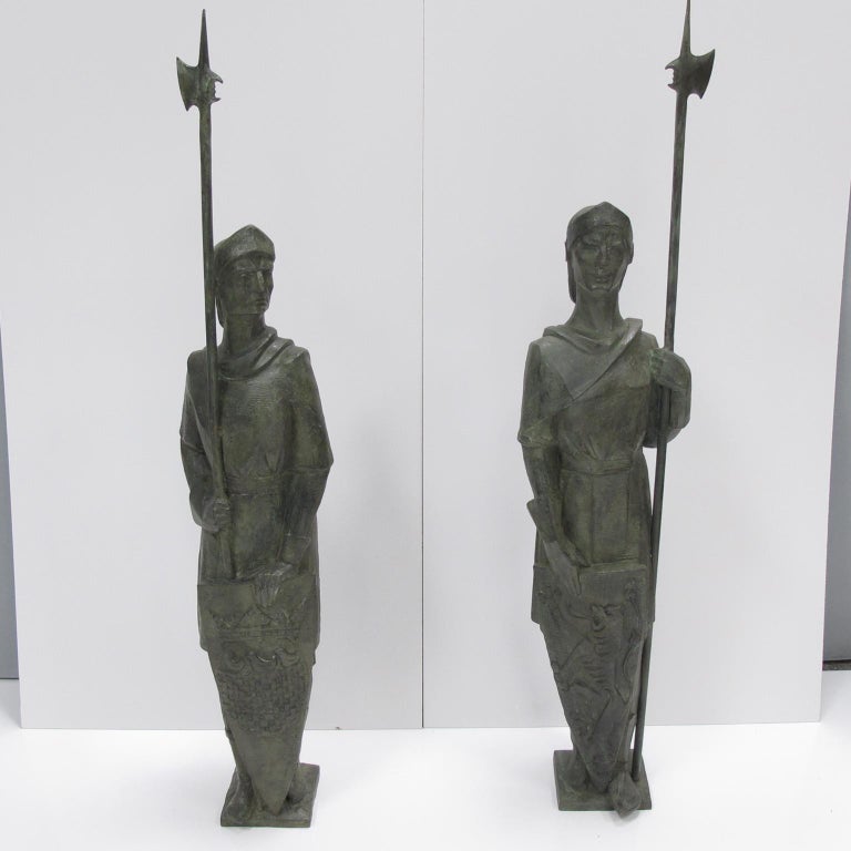 Pair of Life Size Bronze Statues Sculpture Middle Ages Knight in Armor