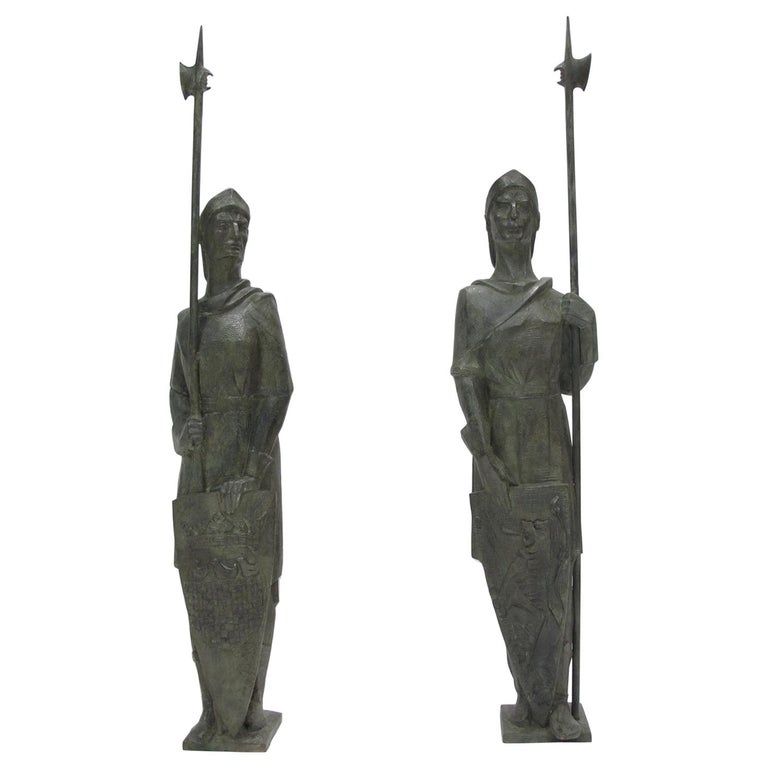 Pair of Life Size Bronze Statues Sculpture Middle Ages Knight in Armor