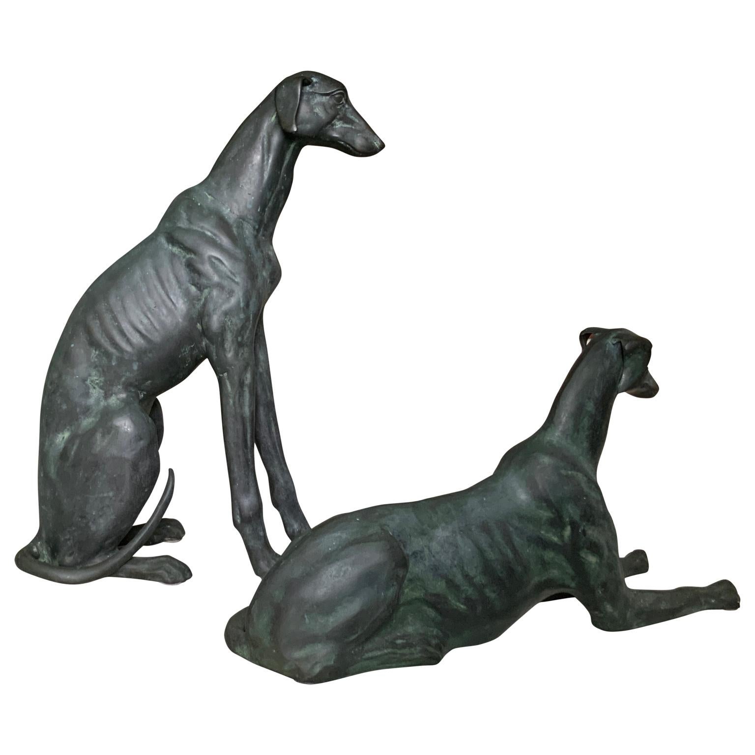 British Colonial Pair of Life-Size Bronze Whippet Dog Sculptures