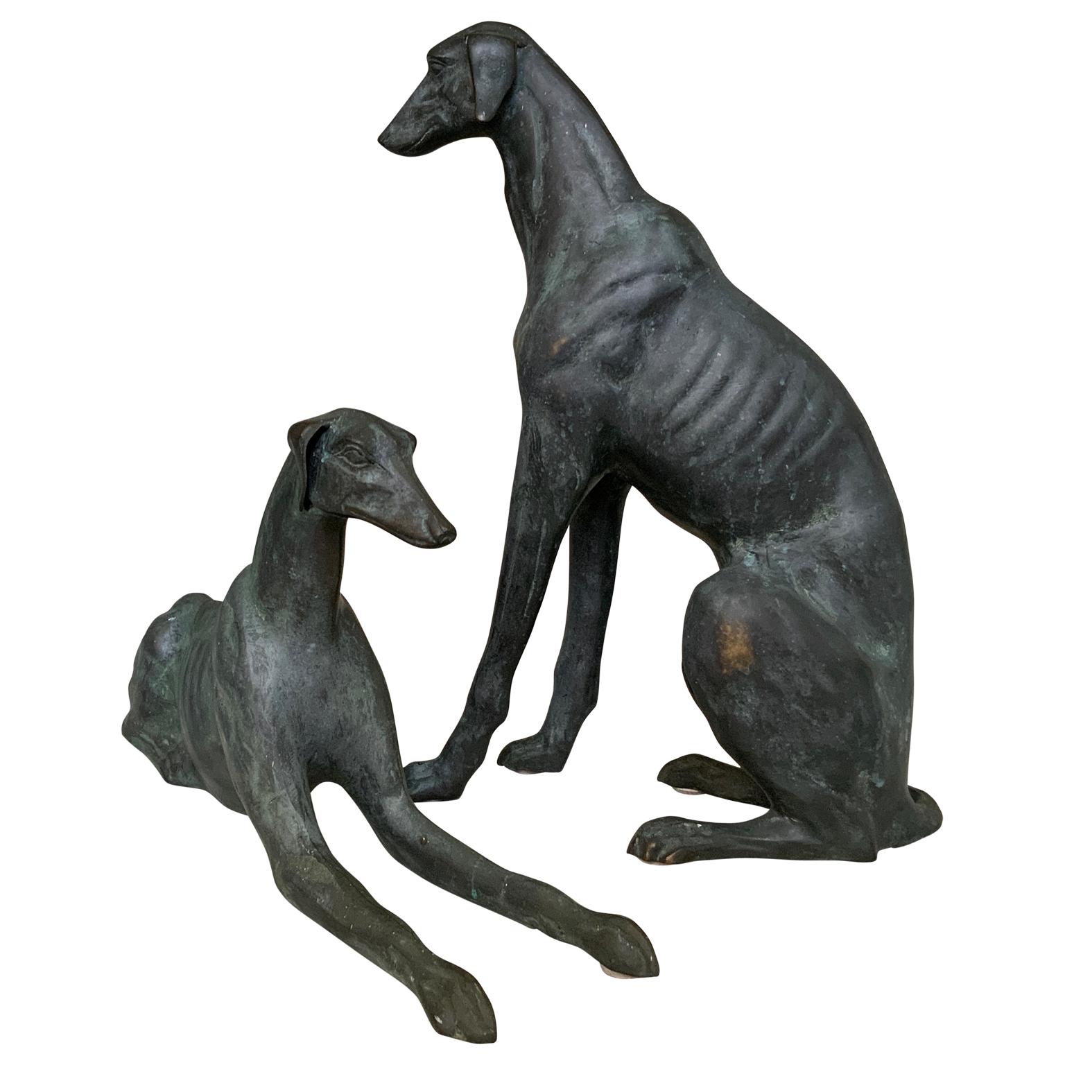 American Pair of Life-Size Bronze Whippet Dog Sculptures