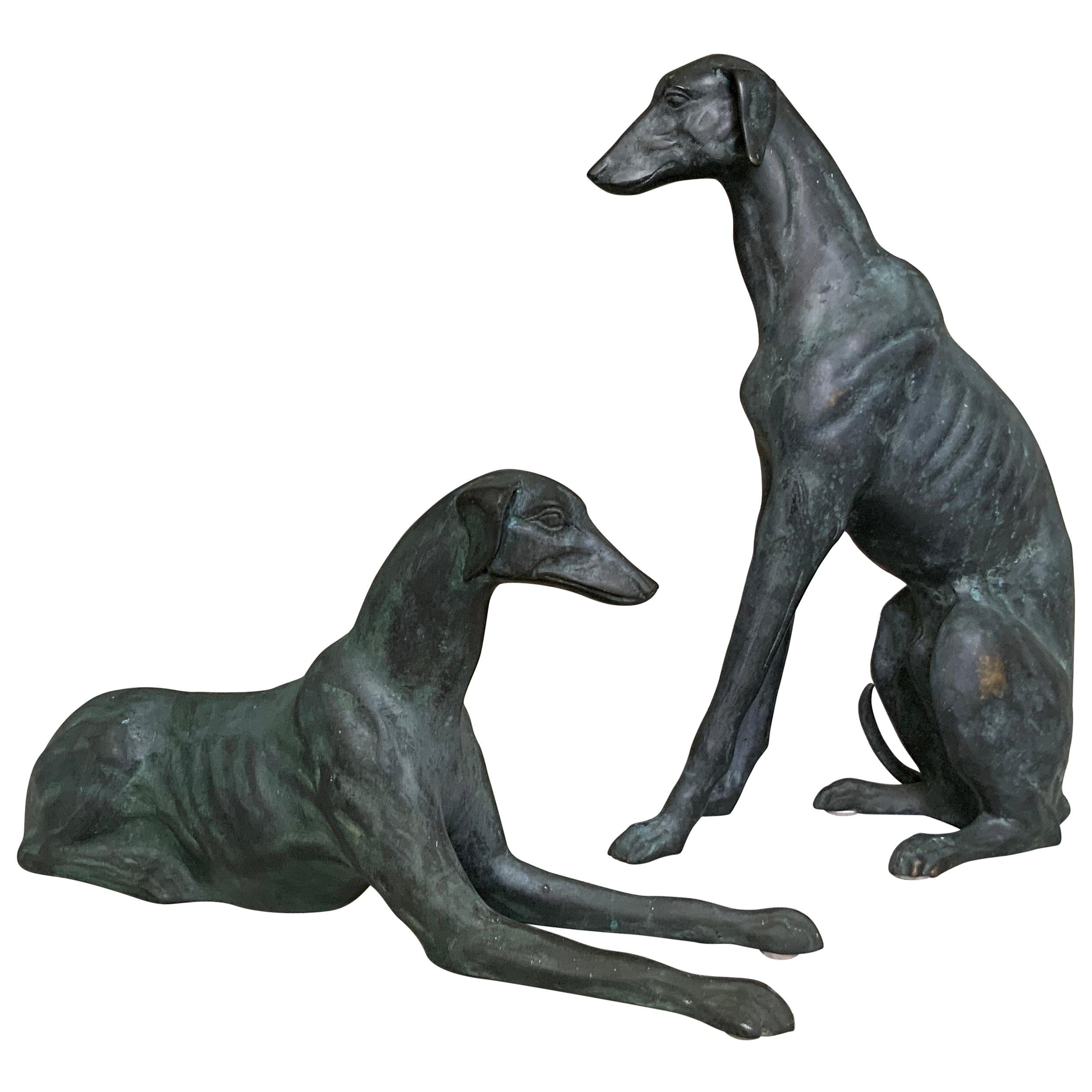 Pair of Life-Size Bronze Whippet Dog Sculptures