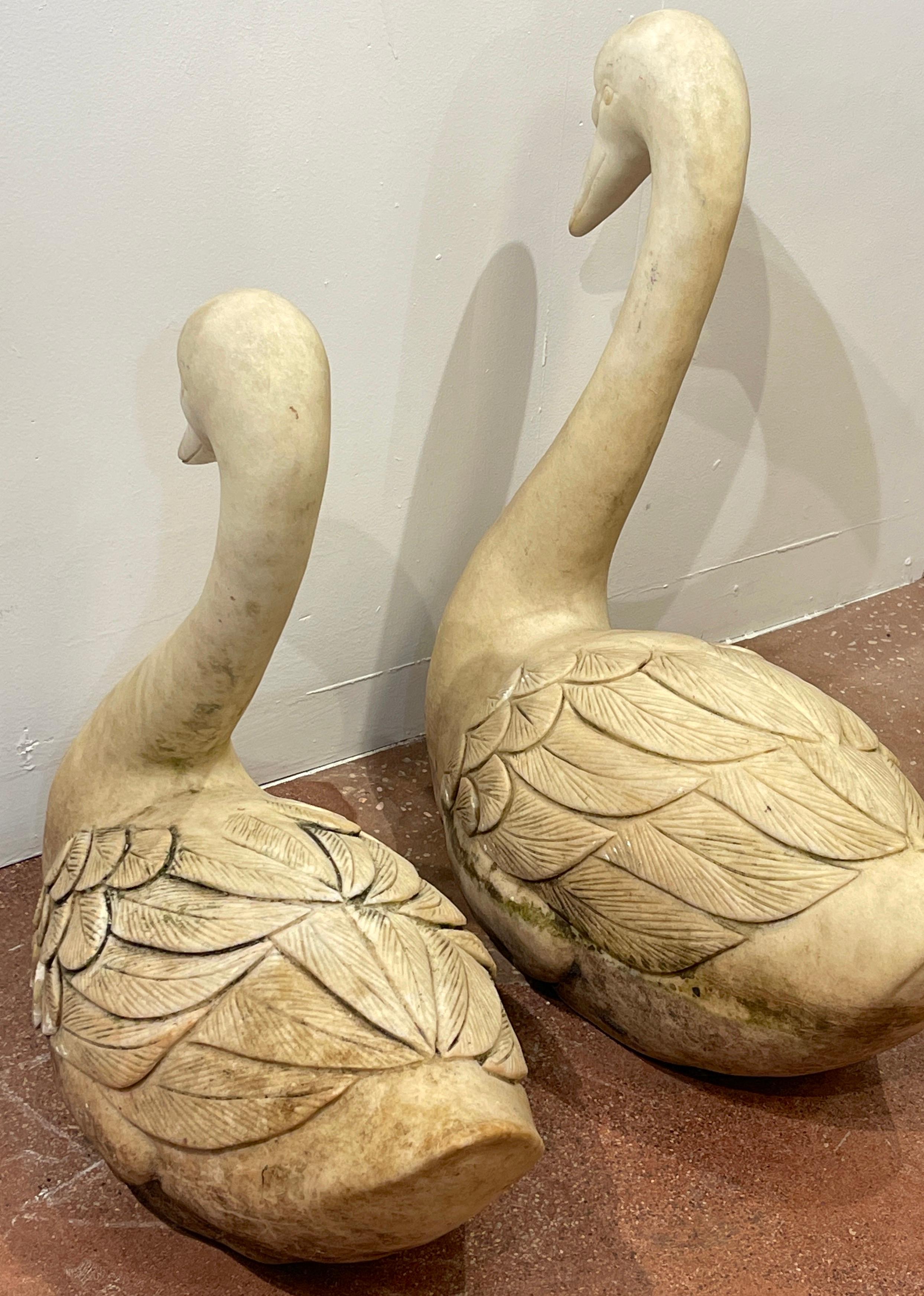 Pair of Life Size Carved Marble Garden Swans, Italy, C 1920 4