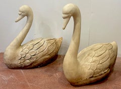 Pair of Life Size Carved Marble Garden Swans, Italy, C 1920