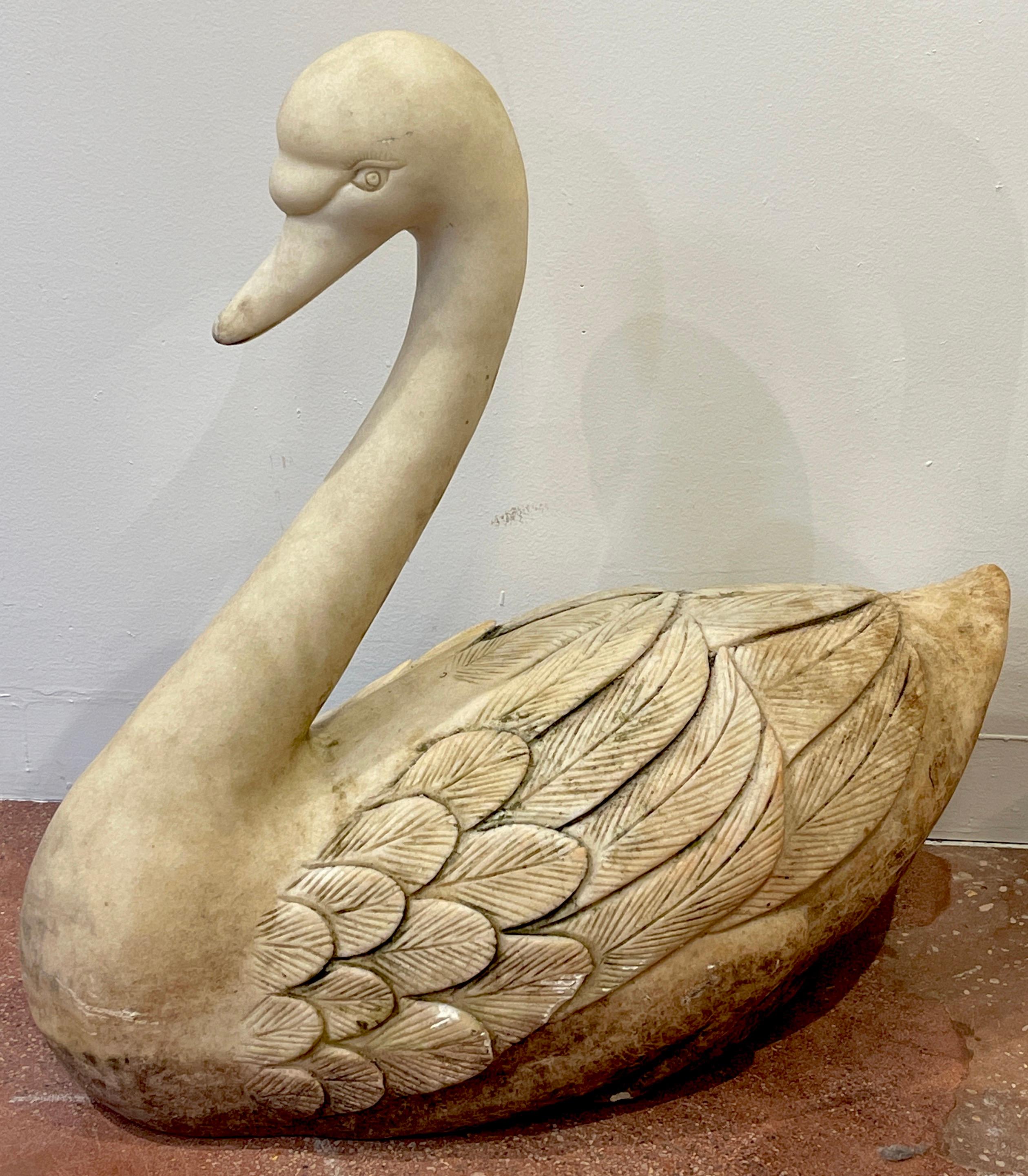 Hand-Carved Pair of Life Size Carved Marble Garden Swans, Italy, C 1920