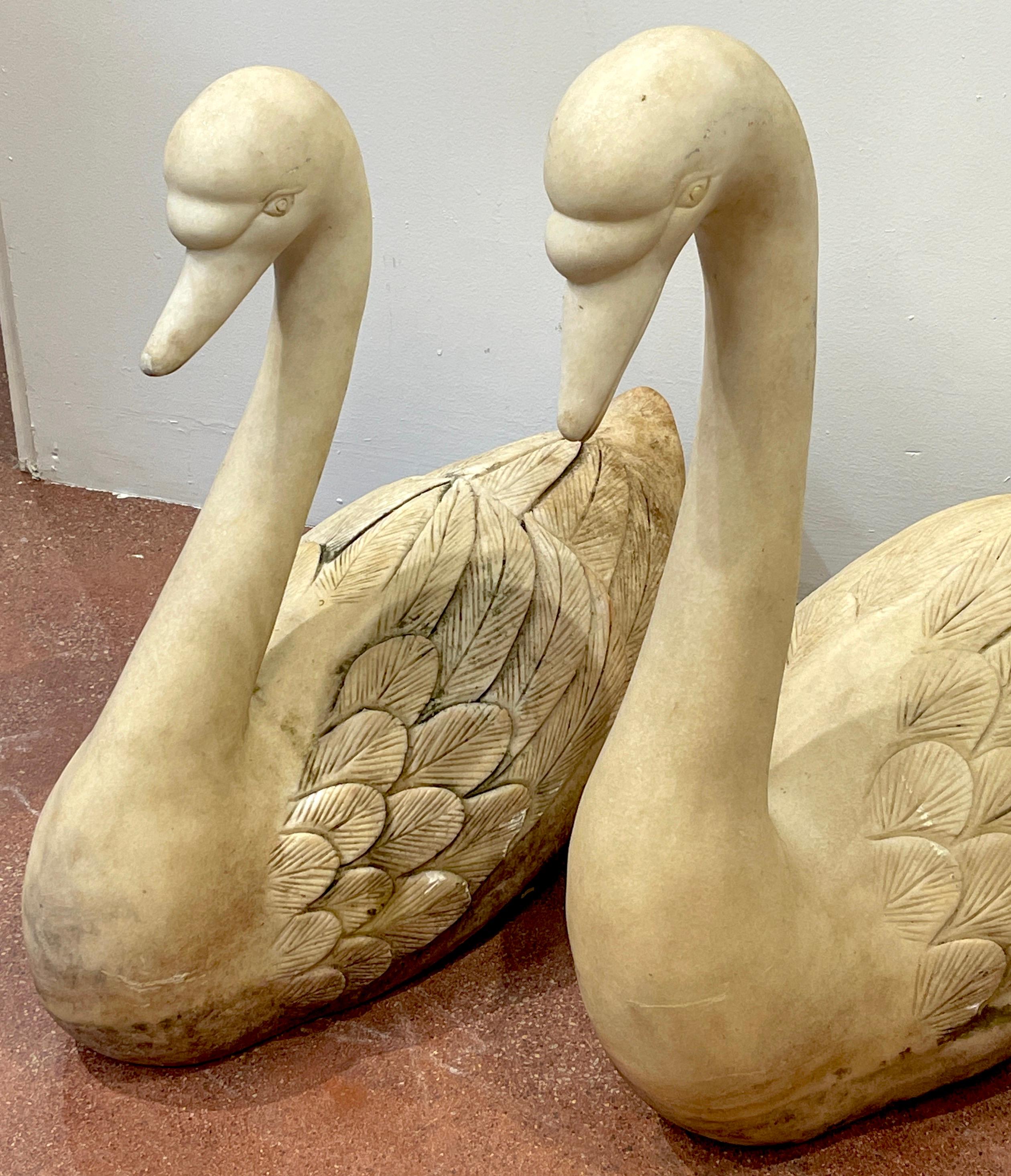Pair of Life Size Carved Marble Garden Swans, Italy, C 1920 In Good Condition In West Palm Beach, FL