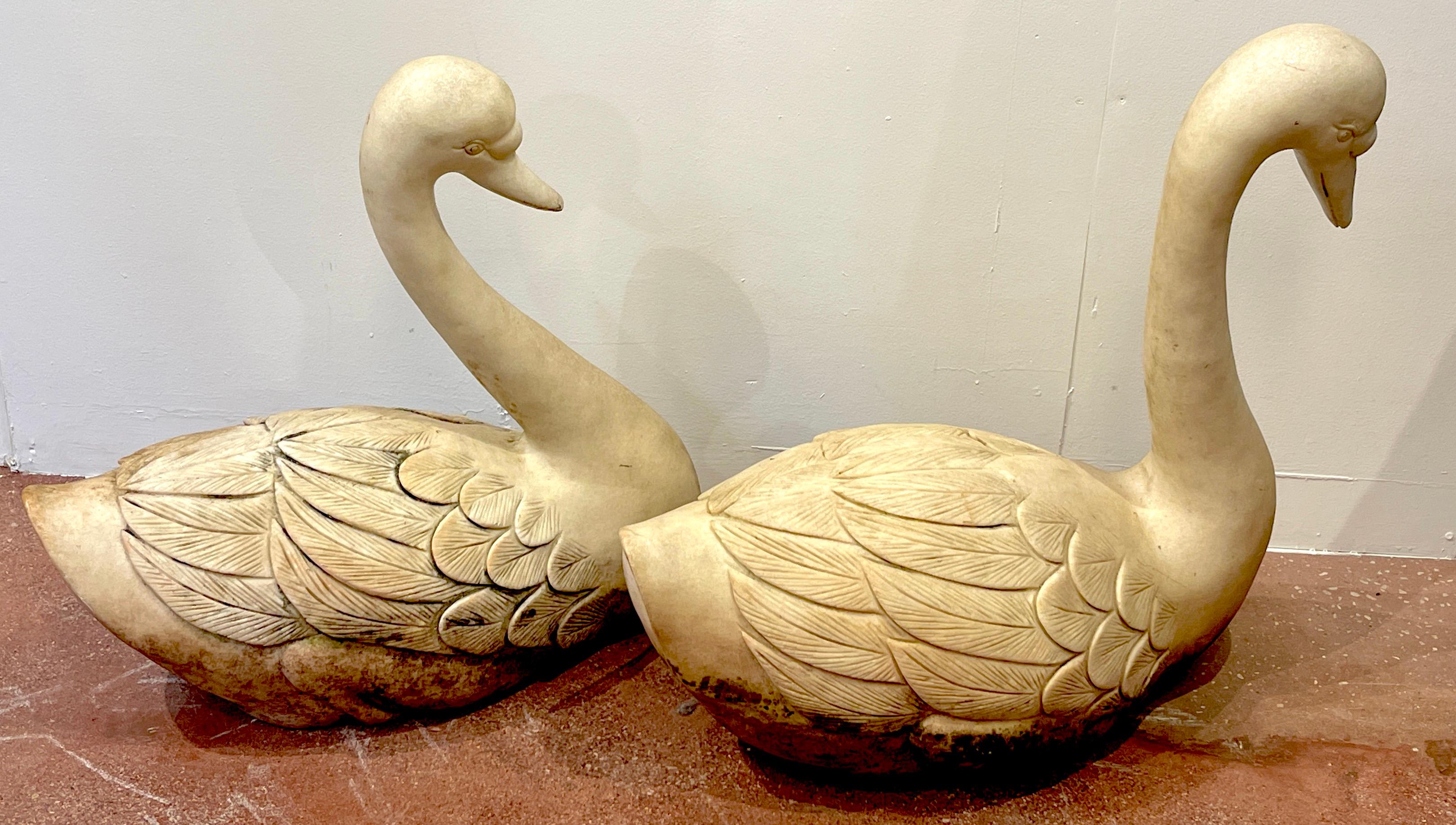 20th Century Pair of Life Size Carved Marble Garden Swans, Italy, C 1920