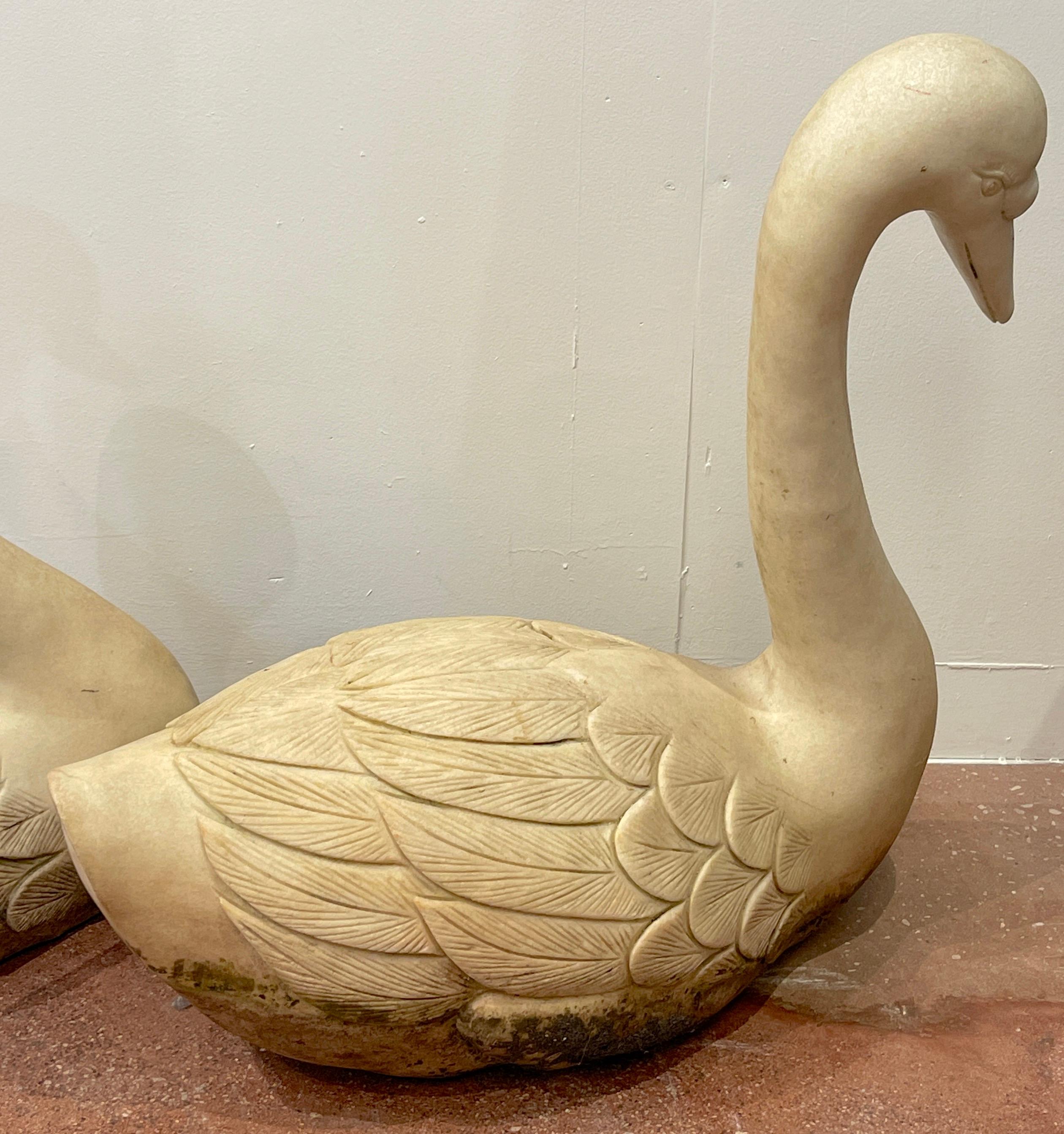 Pair of Life Size Carved Marble Garden Swans, Italy, C 1920 1