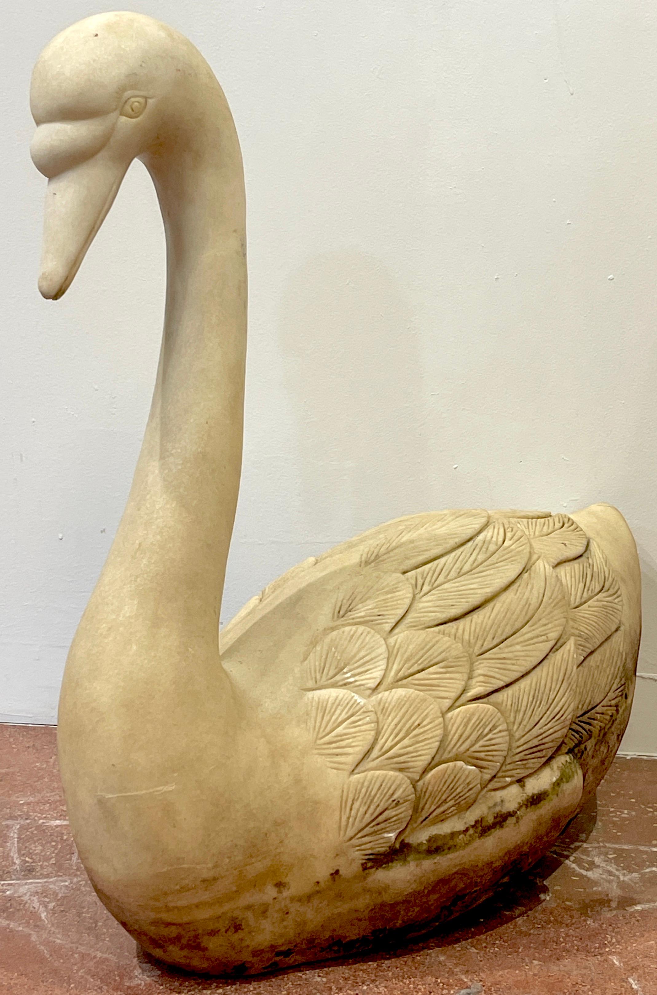 Pair of Life Size Carved Marble Garden Swans, Italy, C 1920 3