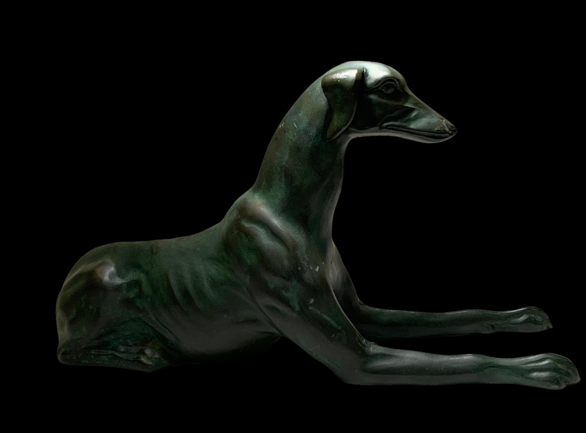 Pair of Life Size Elegant Whippet Dog Patinated Bronze Sculptures 1