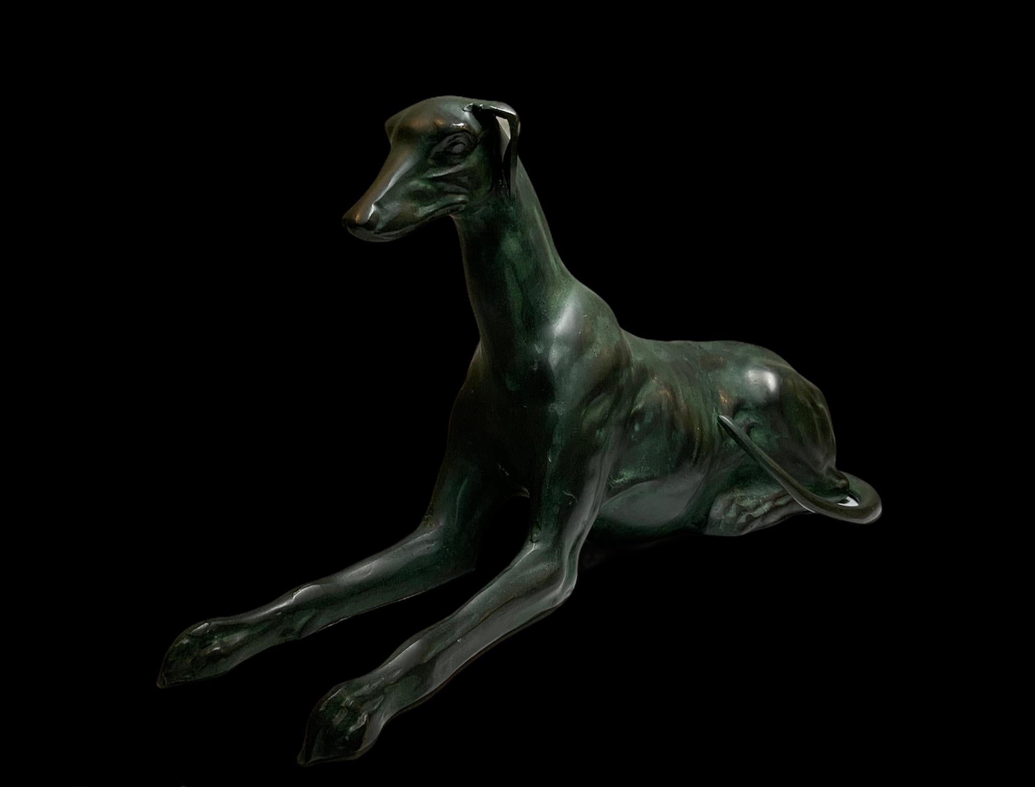 Pair of Life Size Elegant Whippet Dog Patinated Bronze Sculptures 3