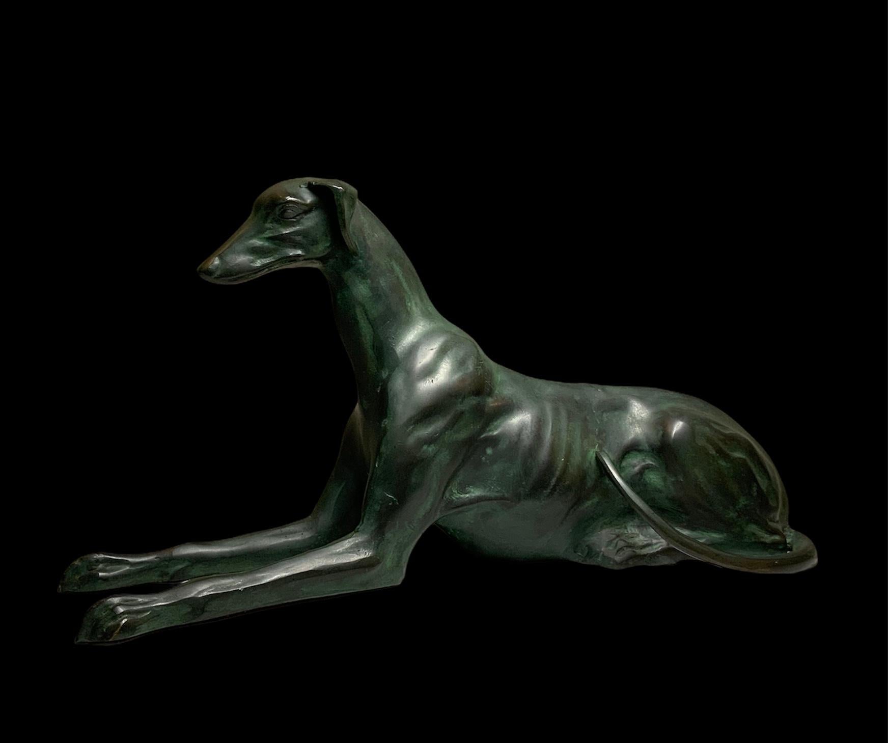 Pair of Life Size Elegant Whippet Dog Patinated Bronze Sculptures In Good Condition In Guaynabo, PR