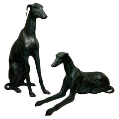 Pair of Life Size Elegant Whippet Dog Patinated Bronze Sculptures