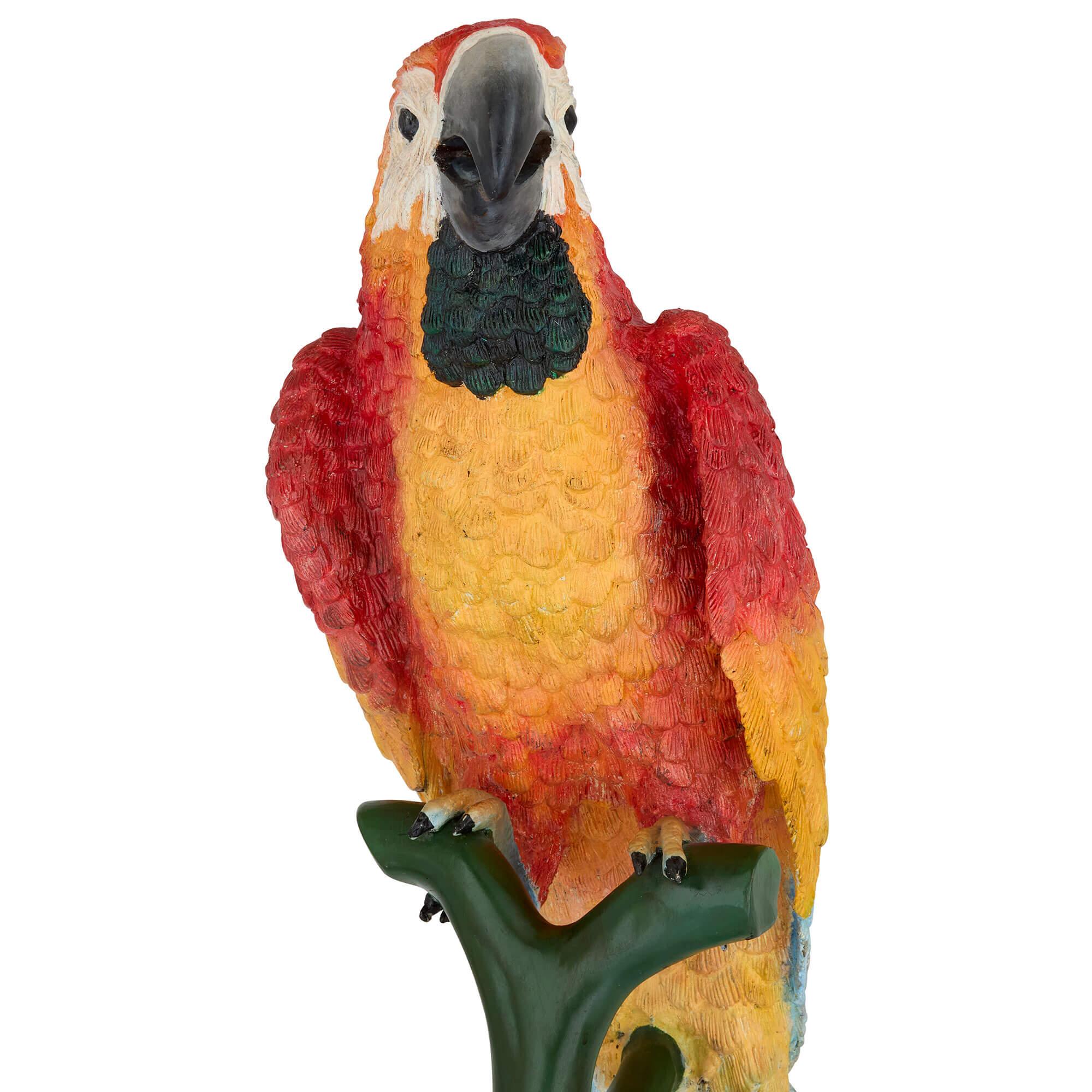 European Pair of Life-Size Painted Bronze Parrots For Sale