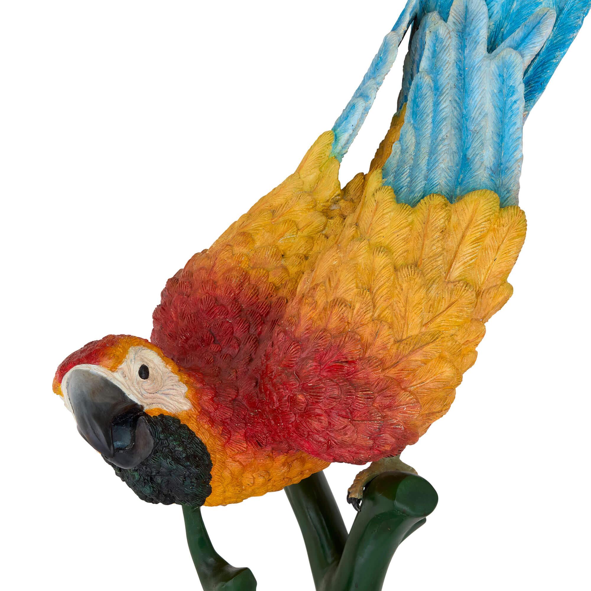 Cast Pair of Life-Size Painted Bronze Parrots For Sale