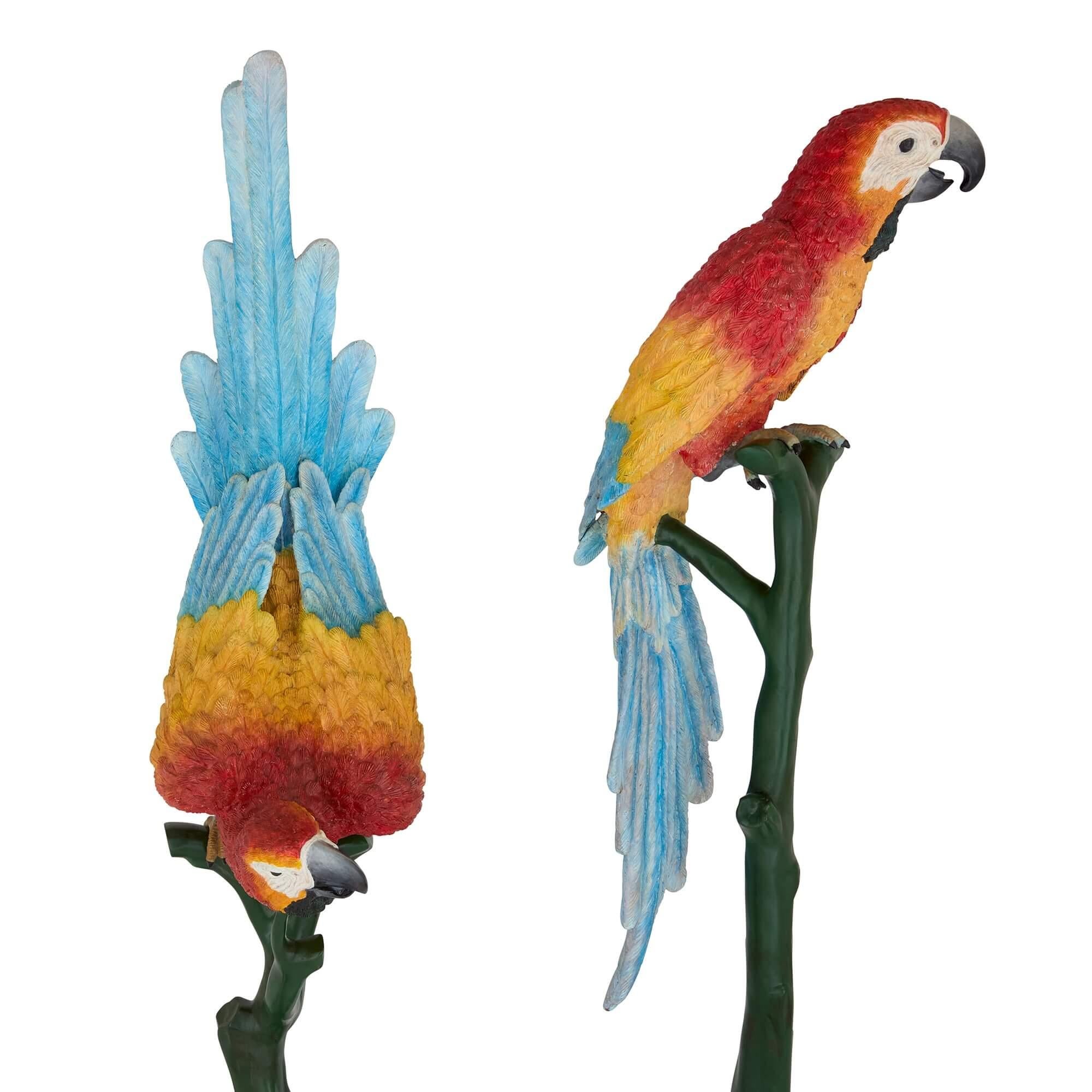 20th Century Pair of Life-Size Painted Bronze Parrots For Sale