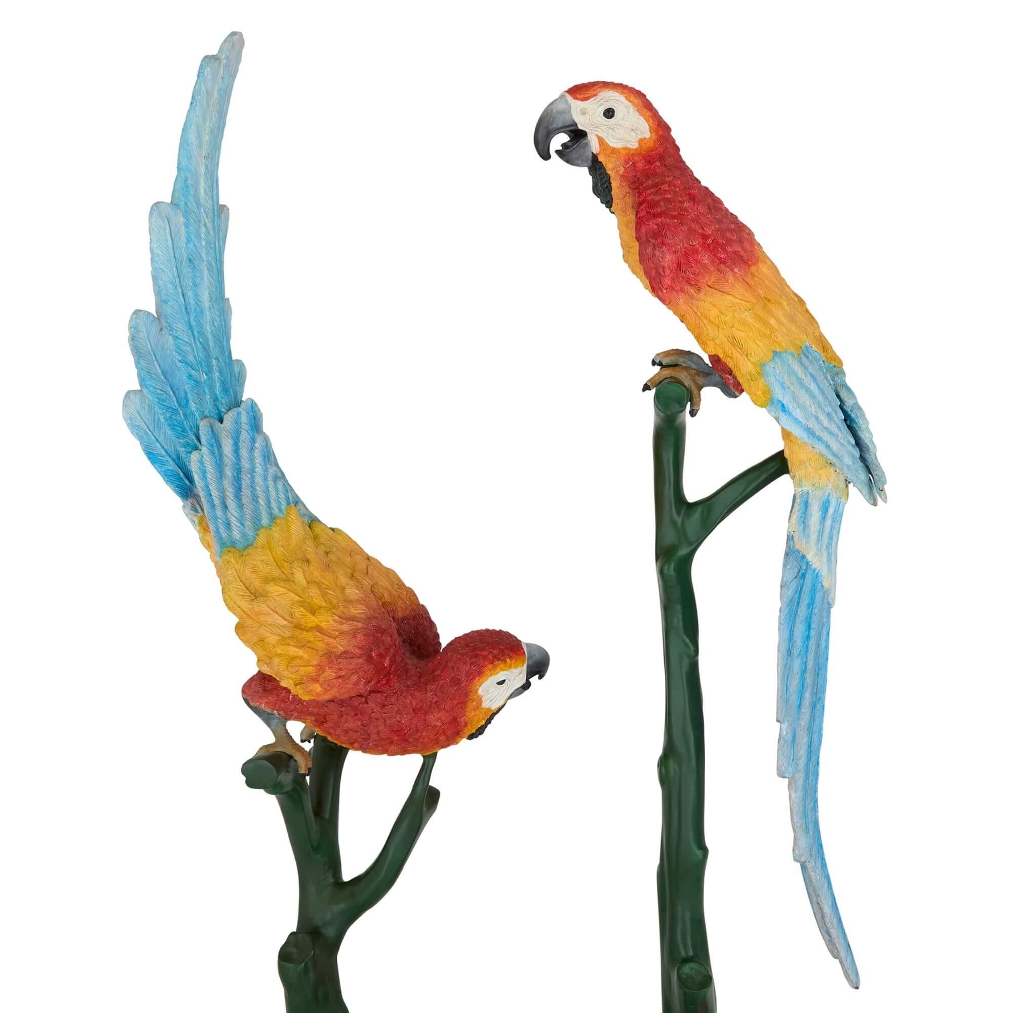 Pair of Life-Size Painted Bronze Parrots For Sale 1