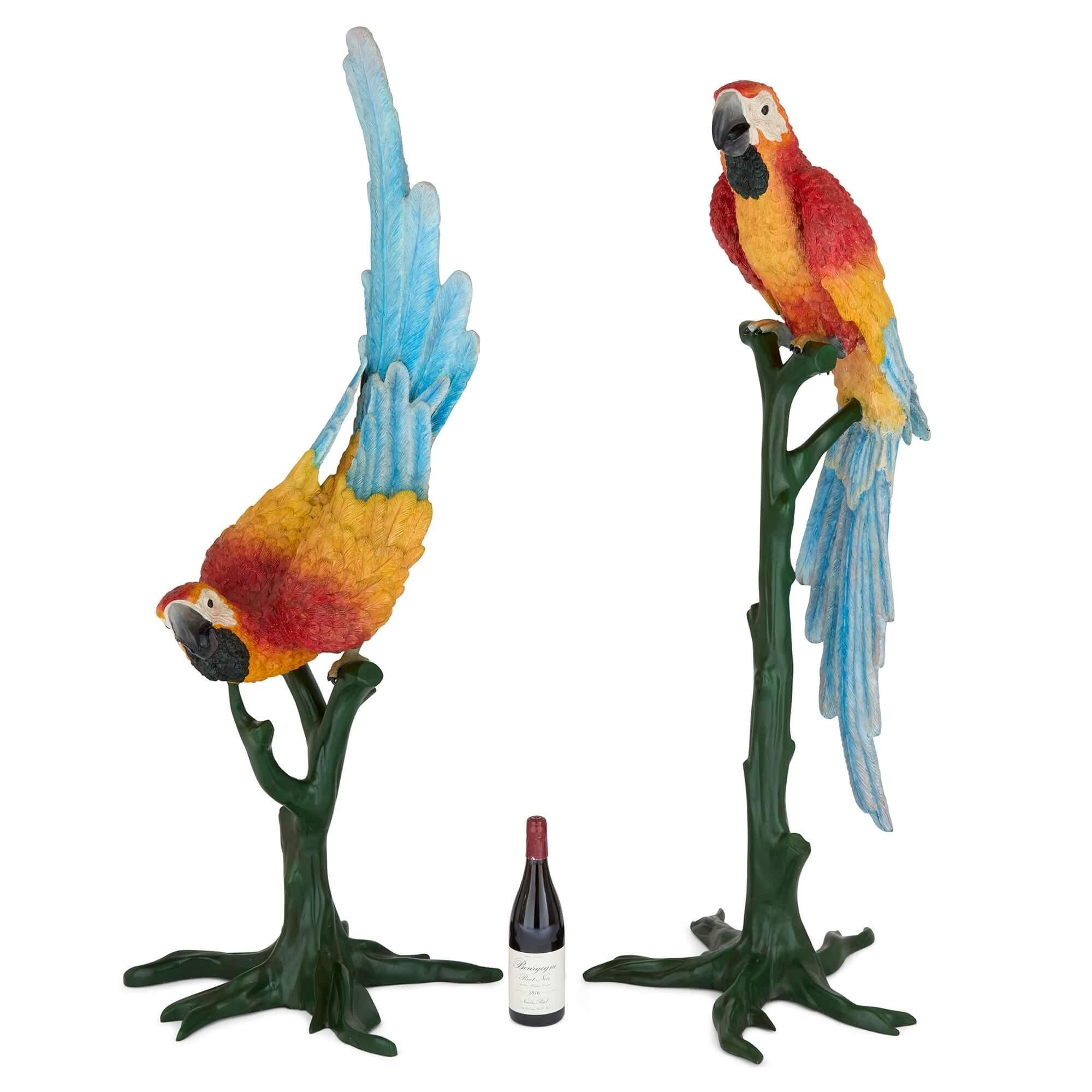 Pair of Life-Size Painted Bronze Parrots For Sale 2