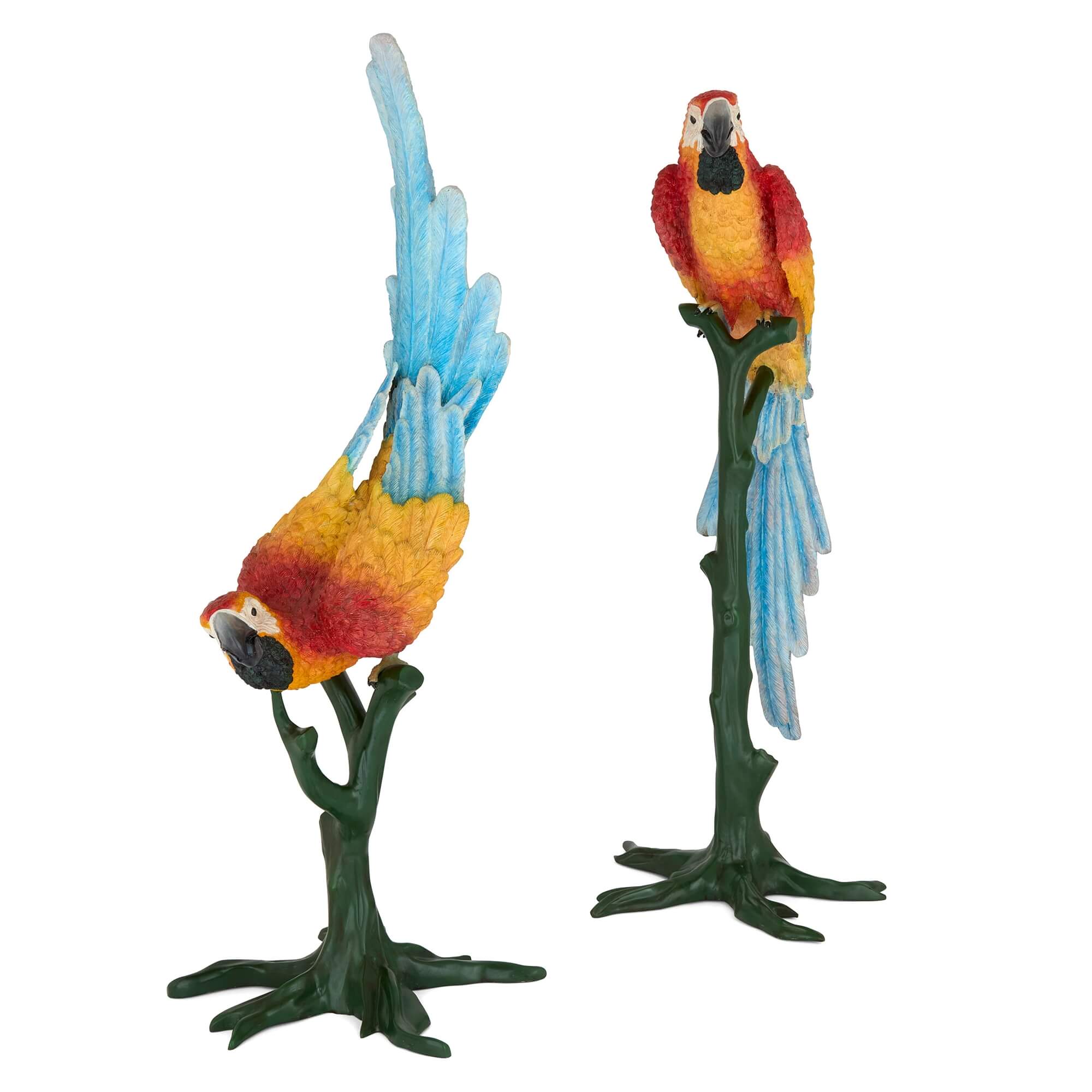 Pair of Life-Size Painted Bronze Parrots For Sale
