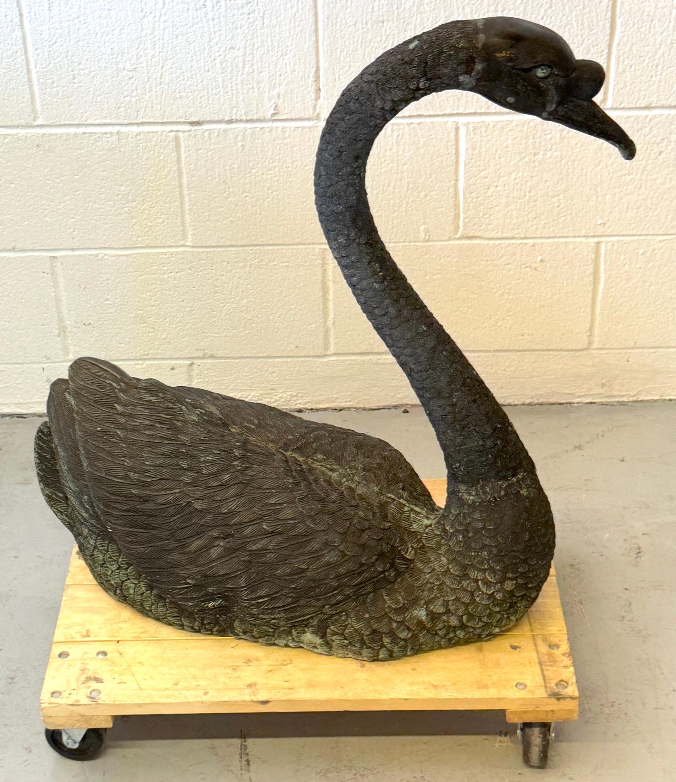 Pair of Life-Size Patinated Bronze Garden Swans, France, 20th Century (Pre-WWII) For Sale 11