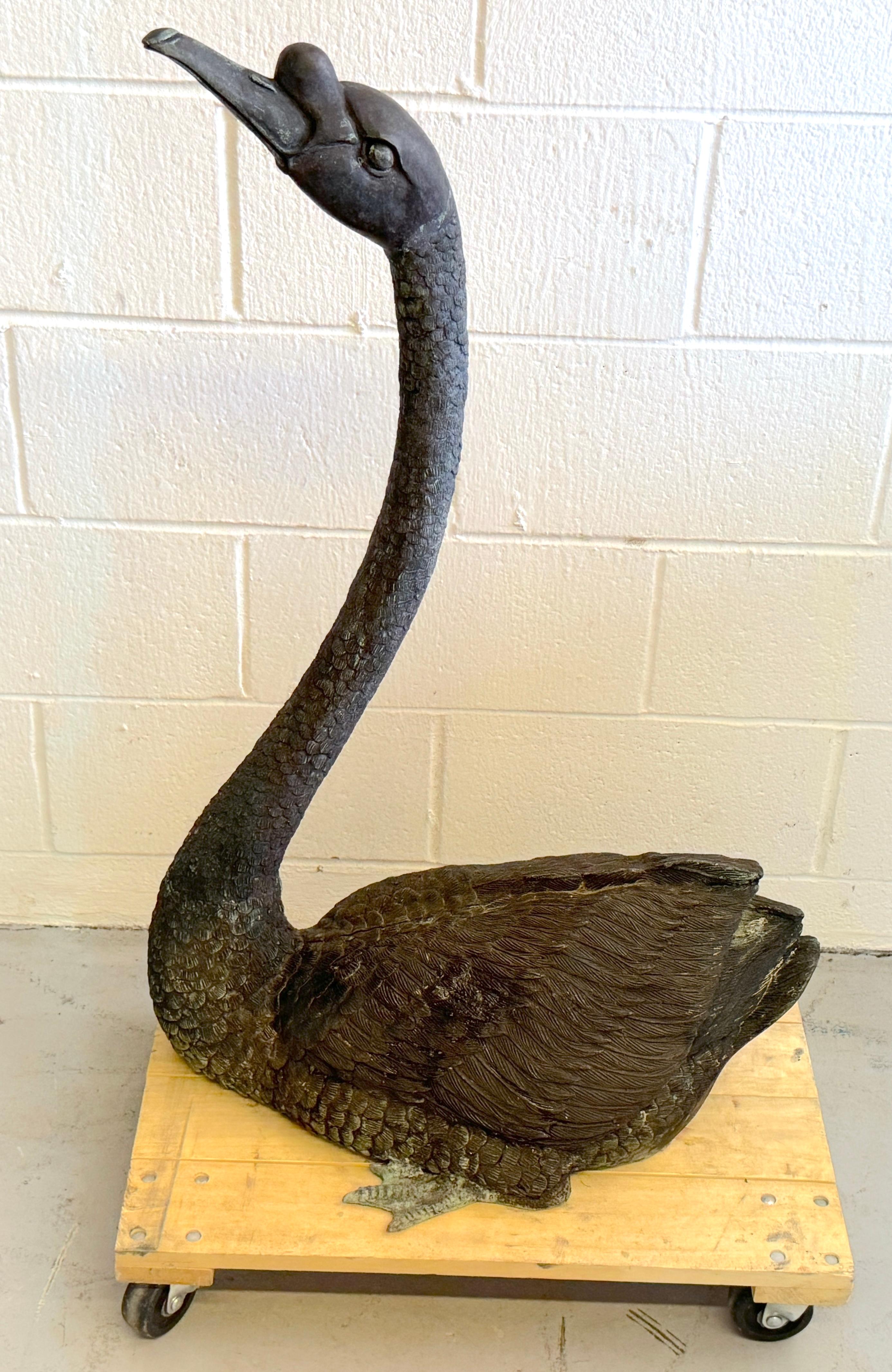 Pair of Life-Size Patinated Bronze Garden Swans, France, 20th Century (Pre-WWII) In Good Condition For Sale In West Palm Beach, FL