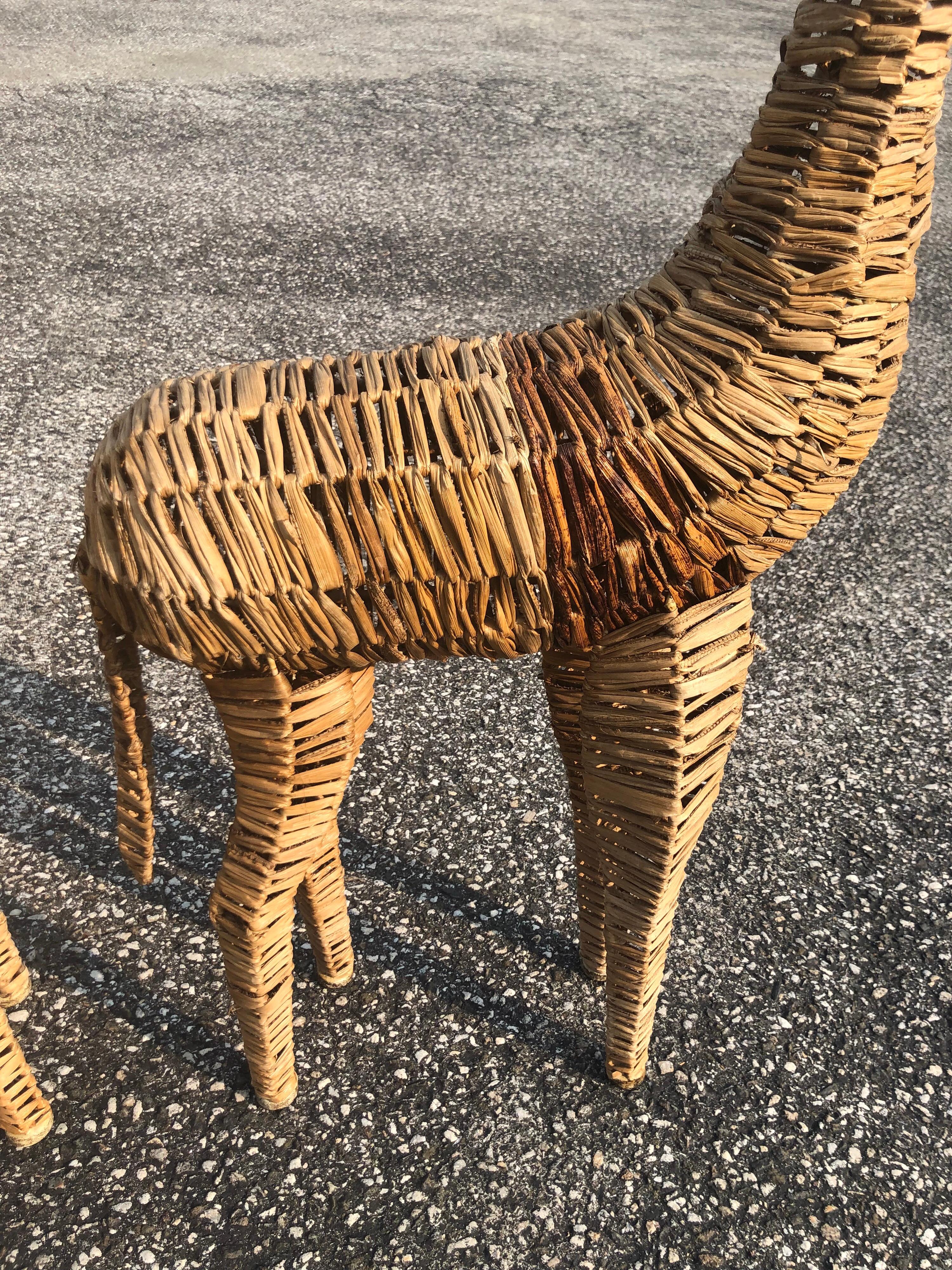 Bohemian Pair of Life-Size Woven Giraffe Statues