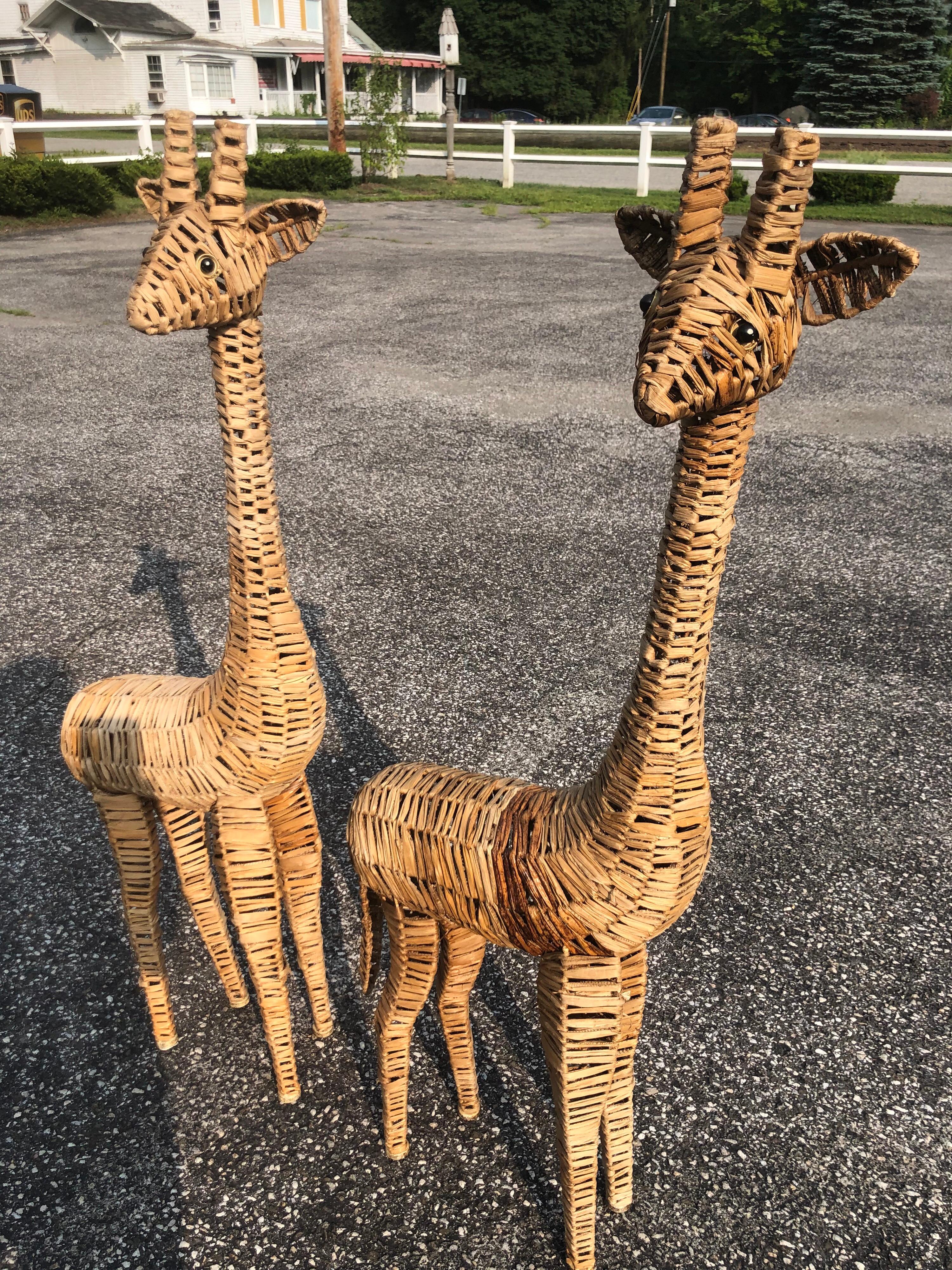 Wicker Pair of Life-Size Woven Giraffe Statues