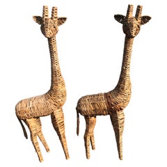 Pair of Life-Size Woven Giraffe Statues