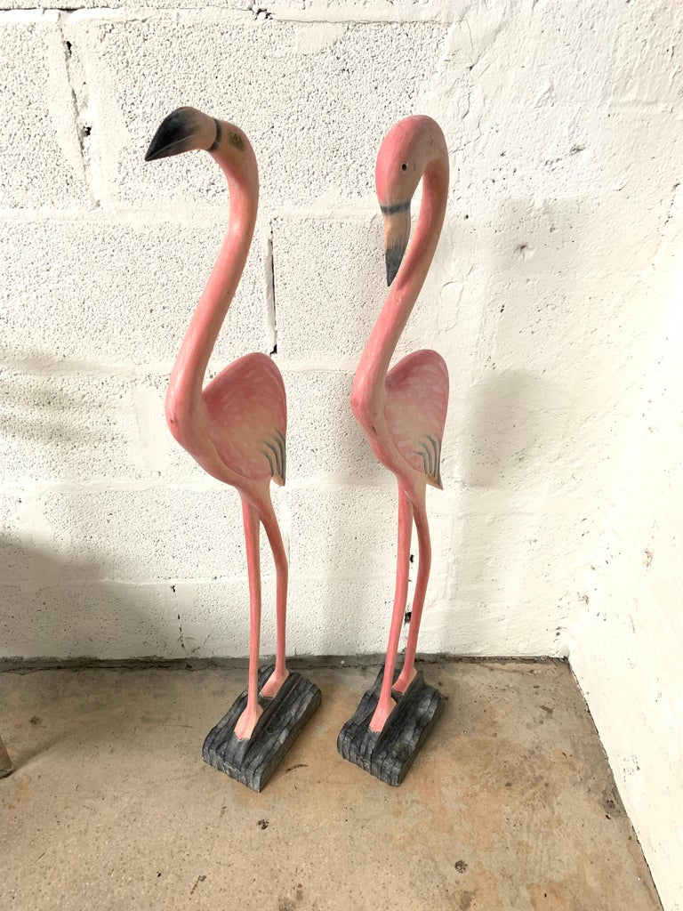 Pair of LifeSized Carved Wood Flamingo Sculptures at 1stDibs wooden